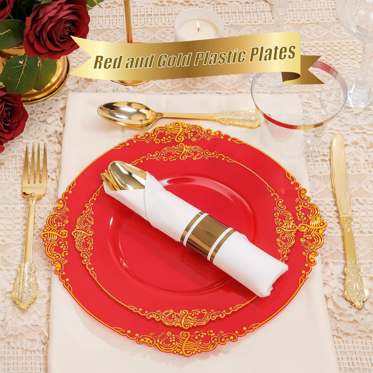 Nervure 350PCS Red Plastic Plates - Red Gold Plastic Dinnerware Sets for 50 Guests - 100 Gold Disposable Plates, 50 Pre Rolled Silverware Sets, 50 Cups Perfect for Wedding & Party & Christmas