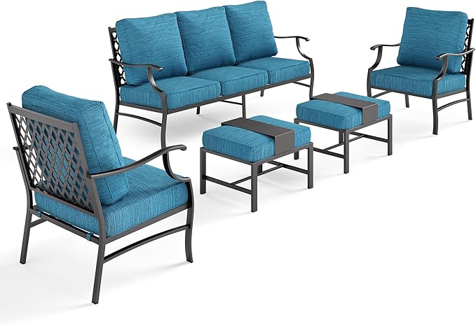 5 Piece Metal Outdoor Patio Furniture Set, Patio Conversation Sets 3-seater Sofa, 2 Fixed Chair, 2 Ottomans with 5.75" Thick Cushion, Black All-weather Frame Backyard Furniture, Blue-2