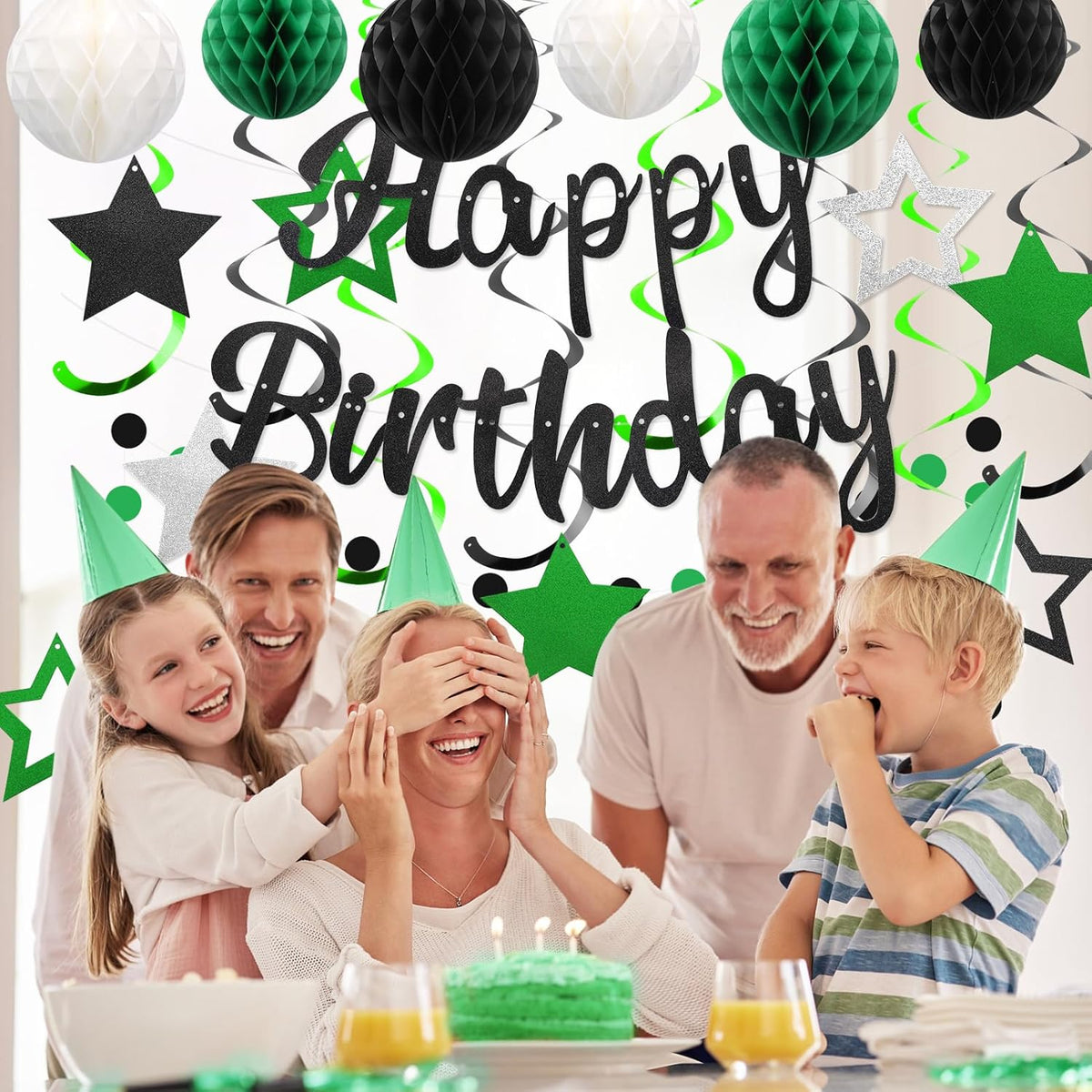 Birthday Decorations, NO DIY, Pre-Strung Happy Birthday Banner with Honeycomb Ball, Hanging Swirl, Circle Dots Garland, Happy Birthday Party Decorations for Women Men Boys Girls (Green & Black)