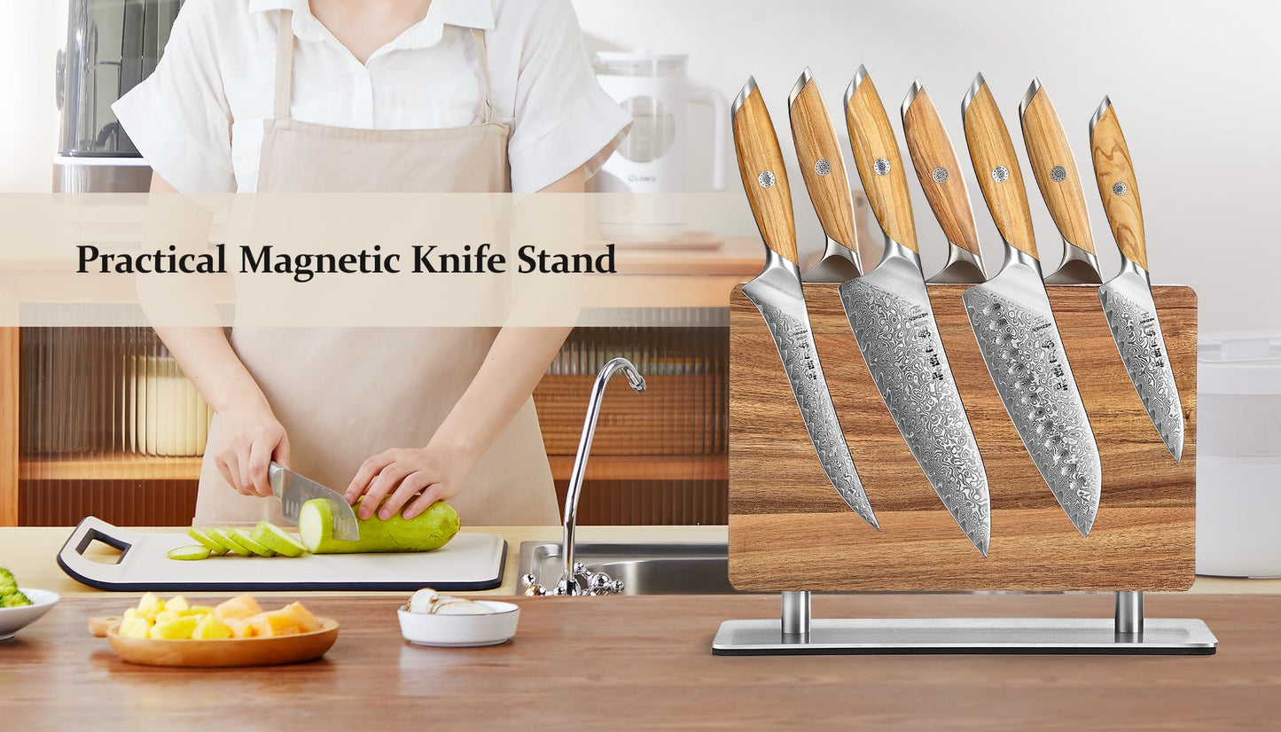 Strong Double Sided Magnetic Knife Block Without Knives, with Acacia Wood+430 Stainless Steel Base,Magnetic Universal Stands with Strong Enhanced Magnets Strip Kitchen Storage Cutlery Large Organizer