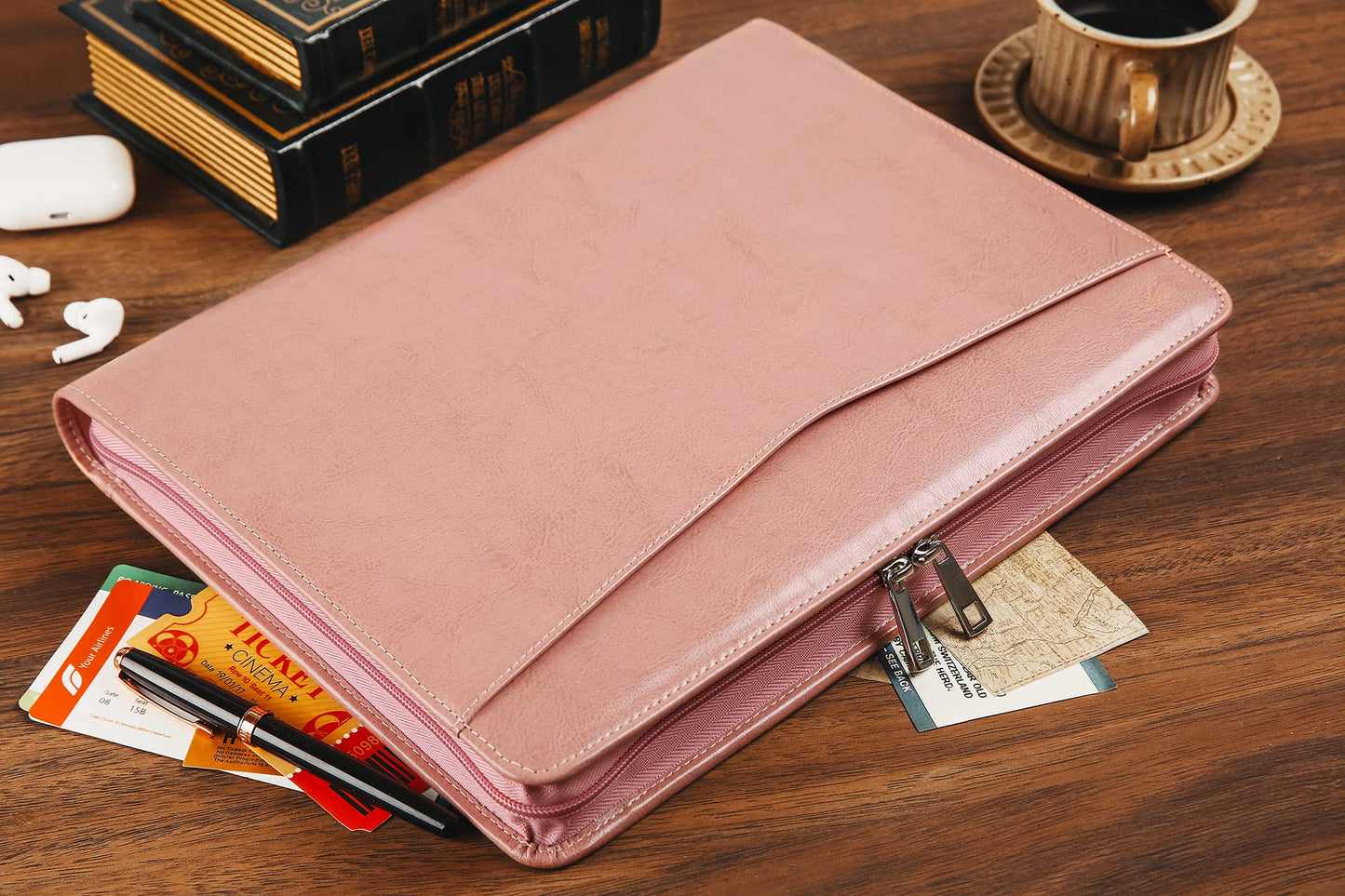 Padfolio for Women, Pink Leather Portfolio with Zipper, Vegan Leather Business Portfolio Organizer with A4 Writing Pad Holder for Resume, Interview, Meeting, Non-Custom
