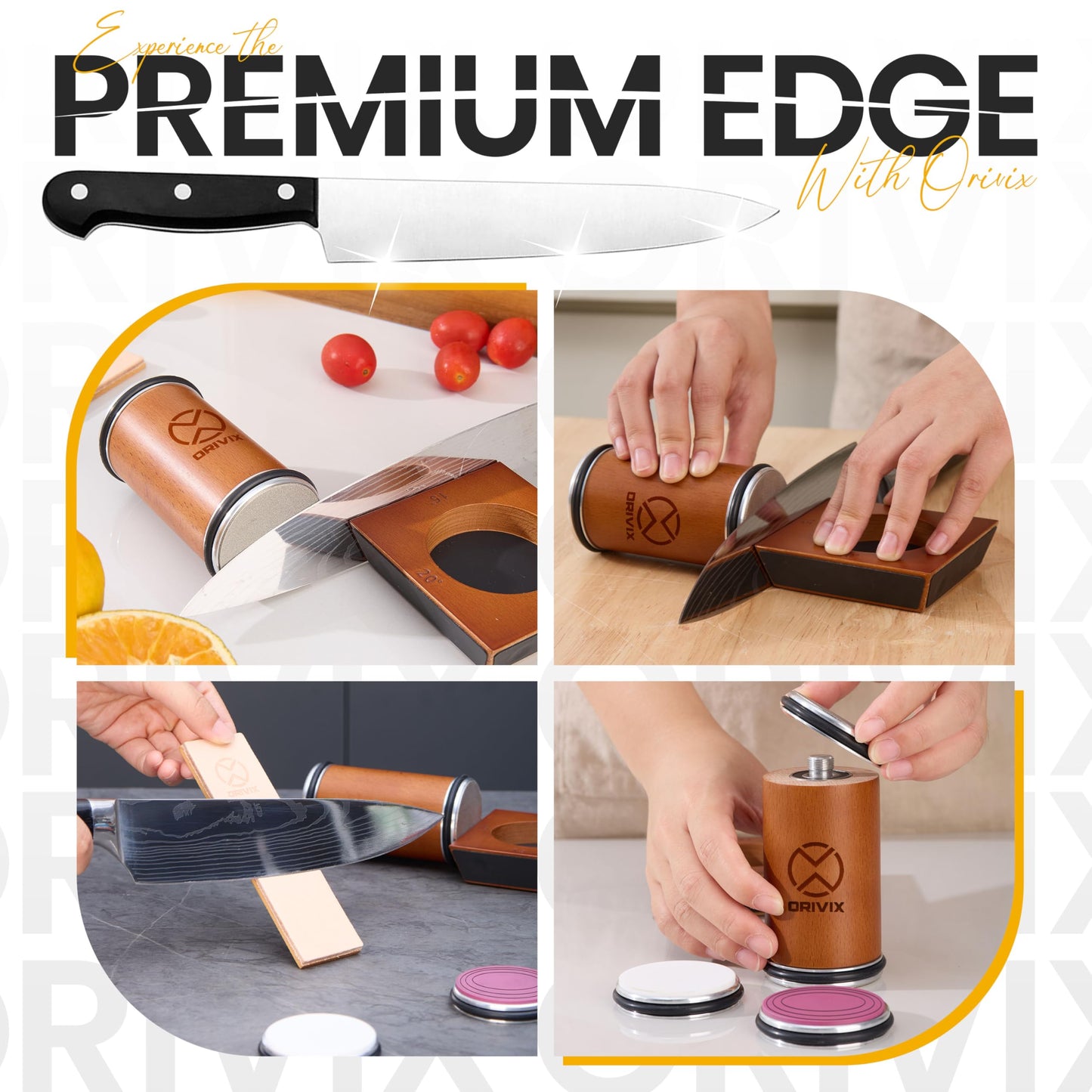 Orivix Rolling Knife Sharpener Kit โ Magnetic 4-Angle Base, 3.86 Inches Longer Wooden Roller, 4 Grit Discs (1000/400 Diamond & 3000 Maroon / 6000 White Ceramic) and Leather Strop