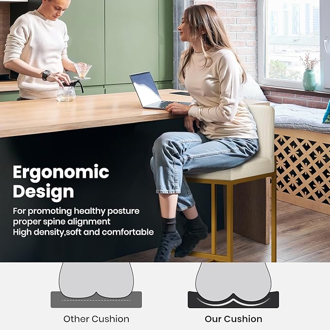 PHI VILLA Bar Stools Set of 3 - Counter Height Bar Stool Leather Stools for Kitchen Counter, White and Gold Bar Stools with Back