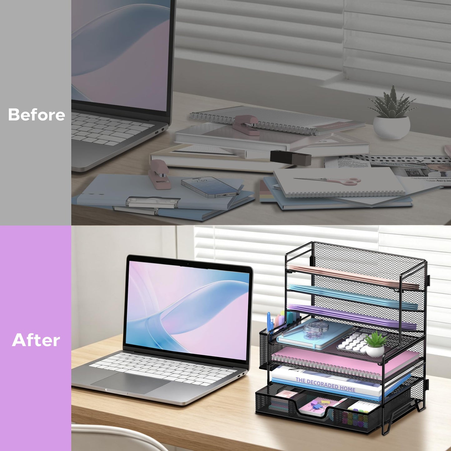 SUPEASY 7 Tier Desk Organizer with Drawer & Pen Holder, Heavy Duty Metal Letter Tray Paper File Organizer for Home Office School Classroom, Black