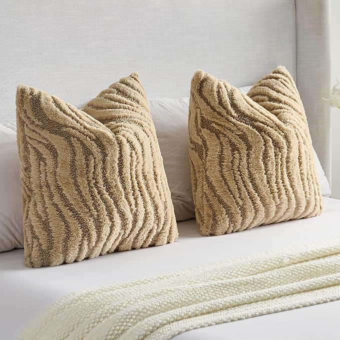 FUTEI Khaki Decorative Throw Pillow Covers 26x26 Inch Set of 2,Soft Faux Fur Geometric Shapes Texture Euro Pillow Shams,Boho Home Decor for Couch Bed Living Room