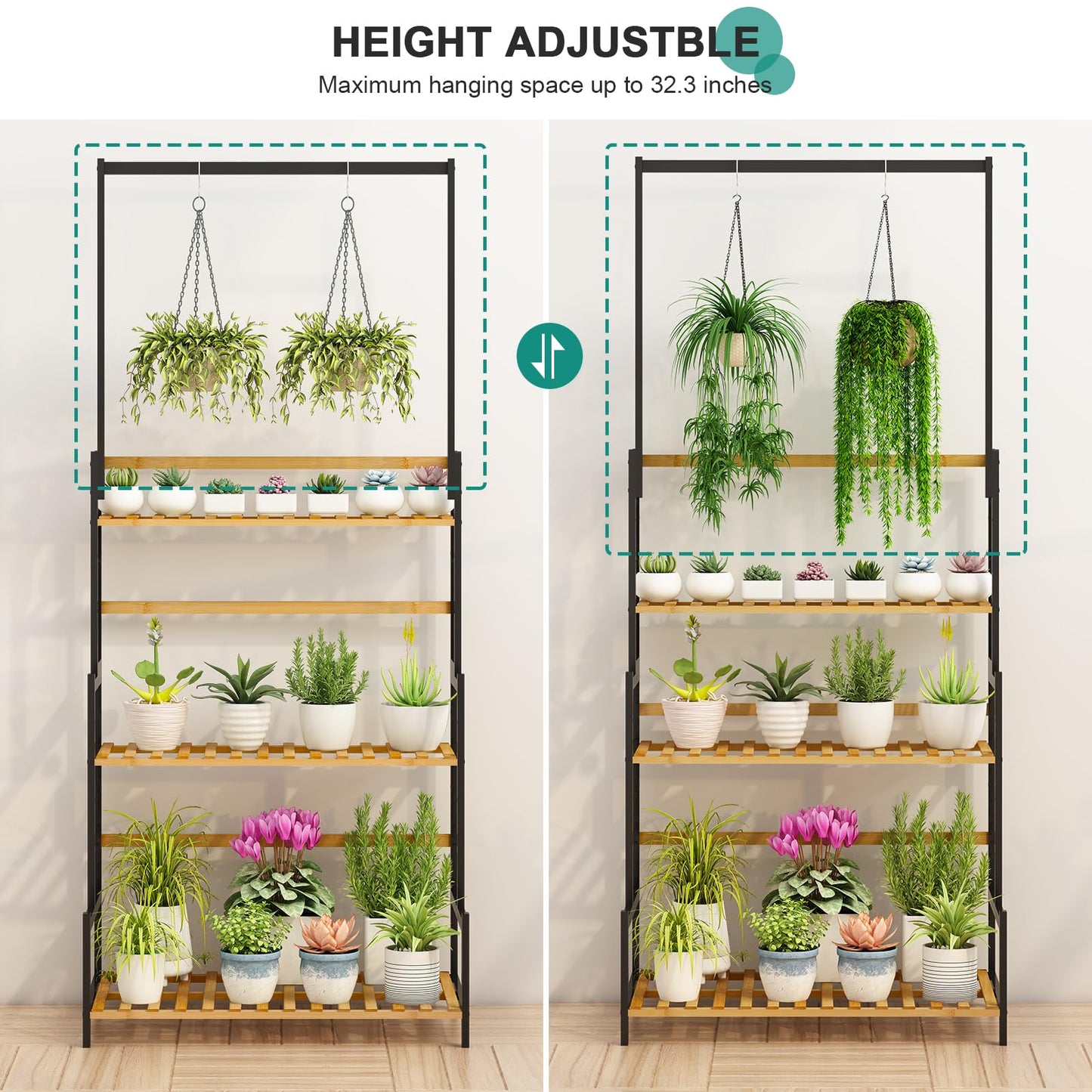 Ufine Bamboo Hanging Plant Stand 3 Tier Ladder Shelf with Hanging Rod Height Adjustable Flower Pot Display Organizer for Balcony Porch Living Room