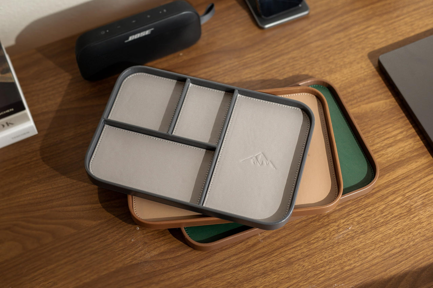 MUUJEE Leather Catchall Multitray (Design 2) - 11.65 x 7.75 x 0.8, Mountain Design Embossed Minimalist Wallet Tray for Men, Thoughtful Husband Gift, Desk EDC Organizer for Watch Keys Glasses, Gray