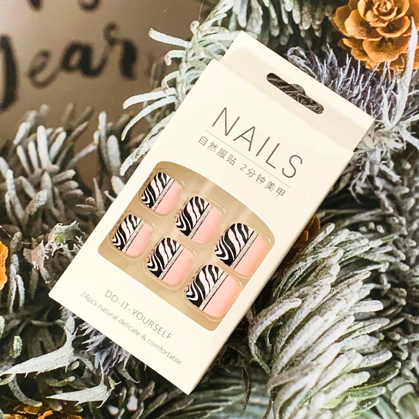Press on Toenails Coffin with Zebra Stripes Designs, Full Cover Reusable False Toenails with Glue, Artificial Acrylic Fake Nails for Toe, Glue on Toenails with Charm, Stick on Toe Nails for Women
