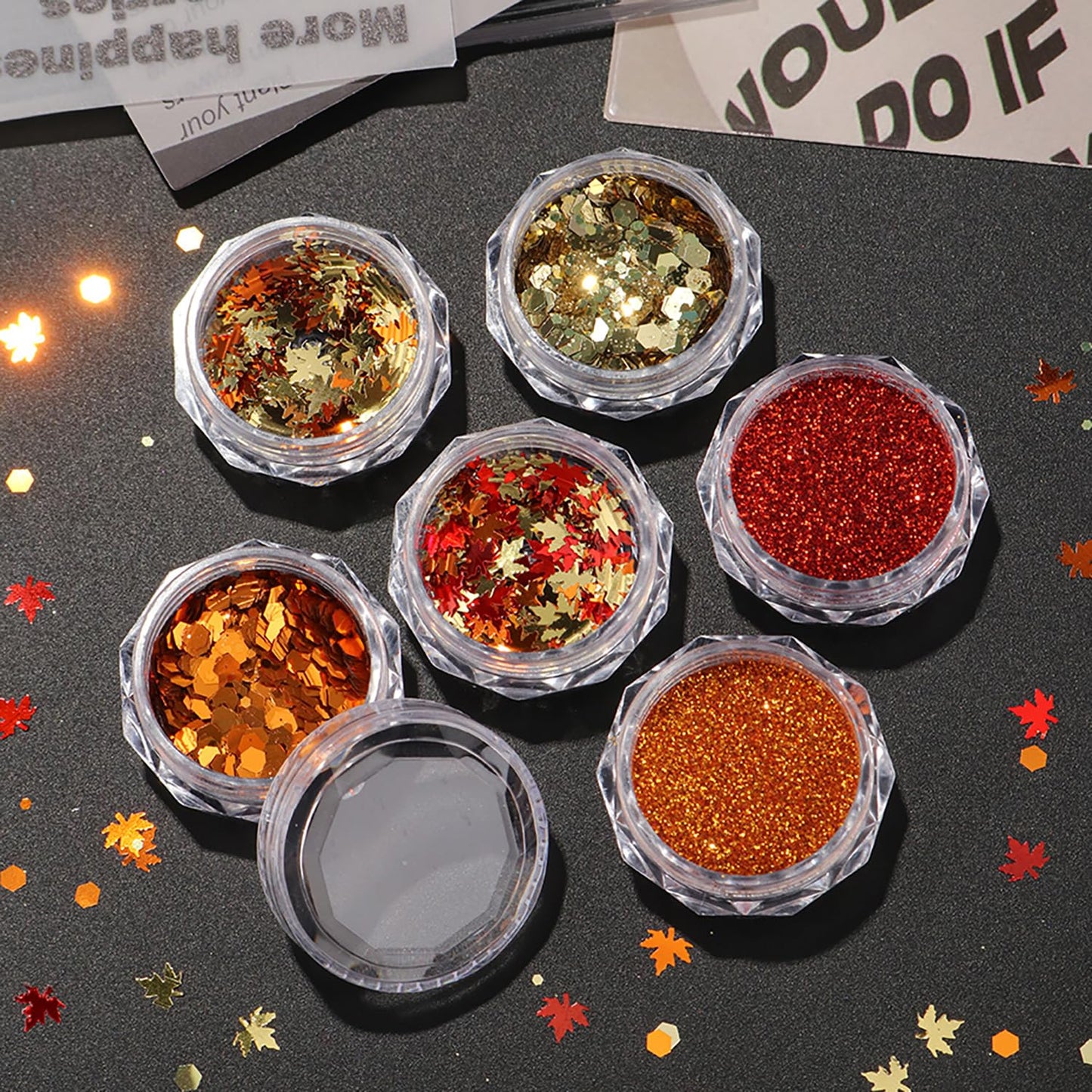 Thanksgiving Fall 3D Maple Leaf Nail Art Glitter Sequins, Mixed Red & Orange Nail Glitter Powder Polygons Sequins Fall Nail Decals for for Women Nail Decorations Supplies DIY Manicure Accessories