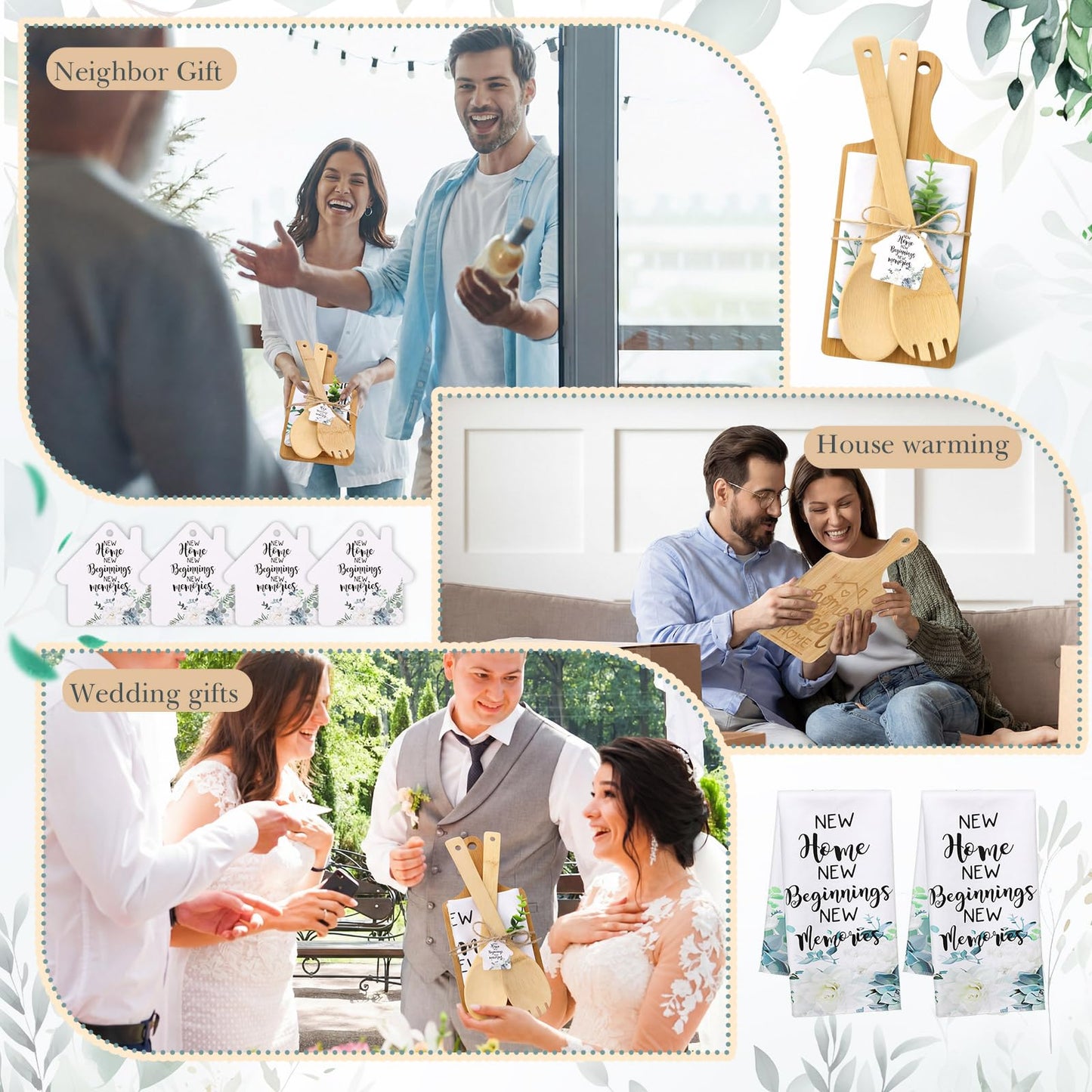 Geelin 31 Pcs/5 Sets Housewarming Gifts Engraved Cutting Board New Home Beginning Memories Kitchen Towels Cards Bamboo Spoons House Warming Gift Set for Homeowner Neighbor Couple Apartment Kitchen