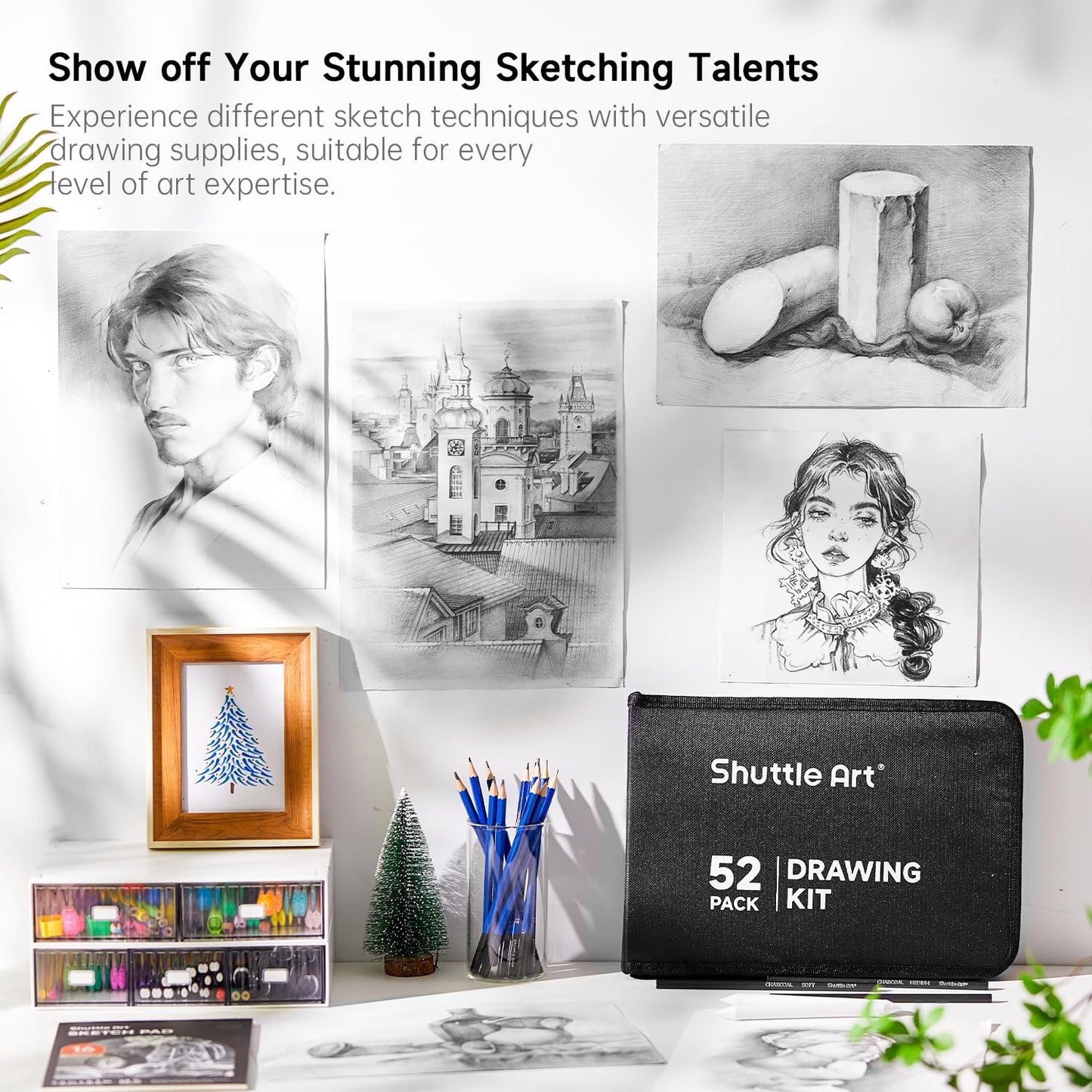 Shuttle Art 52 Pack Drawing Pencils Set, Professional Art Kit with Graphite Charcoal Sticks, Drawing Pad in Portable Case, Ideal for Kids and Adults Artists