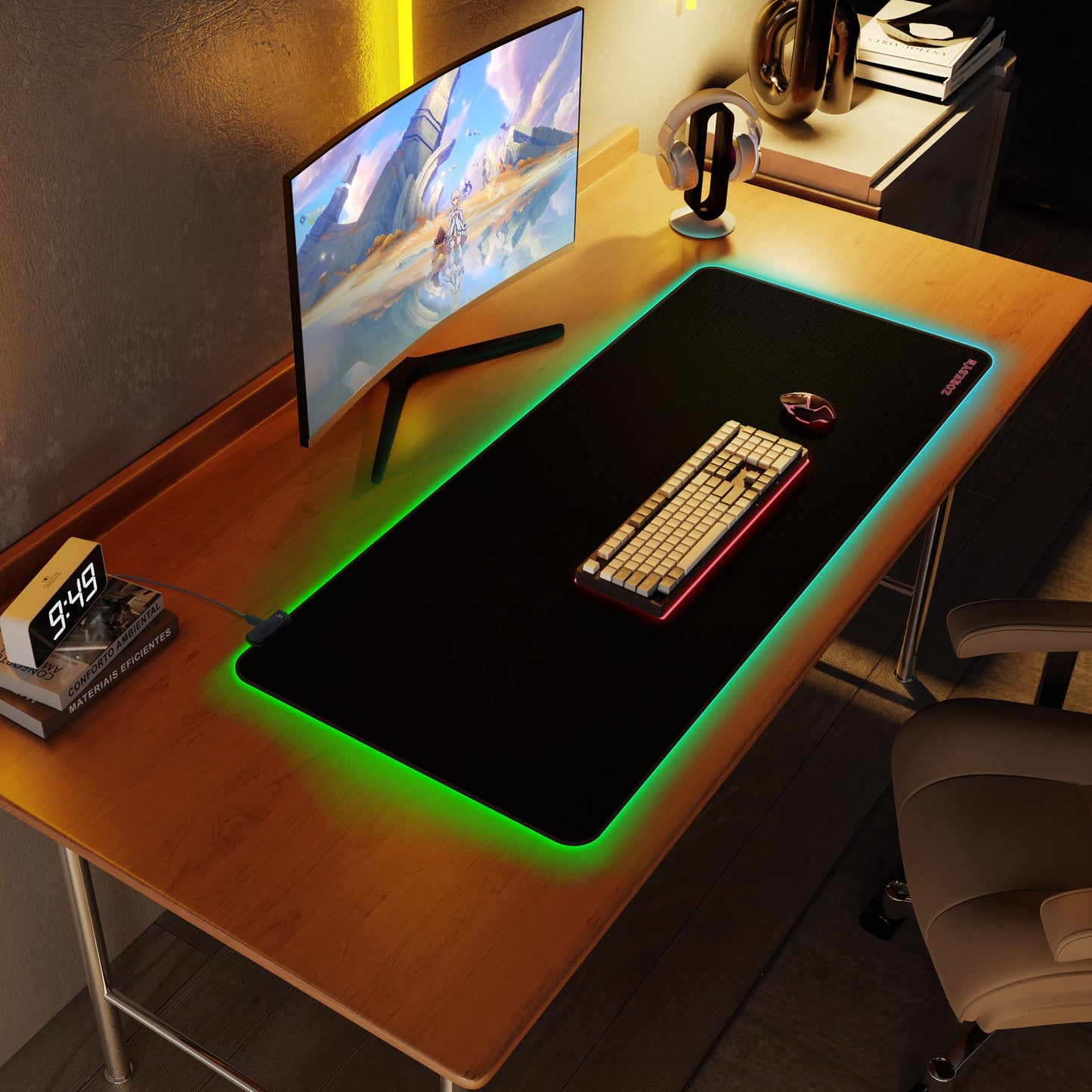 ZORESYN Large RGB Gaming Mouse Pad, 47.2x19.7 Inch Extended LED Mousepad with 9 Lighting Modes, Non-Slip Rubber Base, Smooth Surface, USB-C Powered, for PC Laptop Computer Gamer - Black