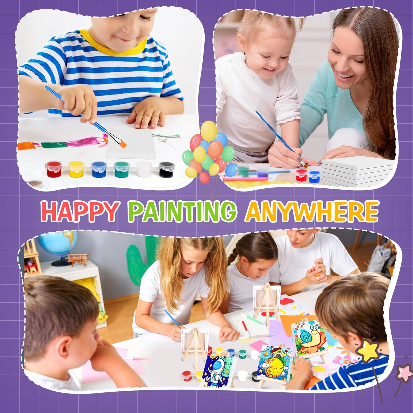 ESRICH 30 Pack Mini Acrylic Paint Kit,Canvas Painting Kit,4in Stretched Canva with 6in Easel,Acrylic Paint Strips,Palettes,Painting Brushes,Canva and Easel Set for Kids Artists Beginner,Gift