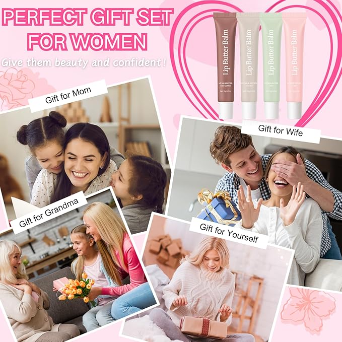 Lip Butter Balm 4PCS - Tinted Lip Balm Hydrating - Smooth Lip Moisturizer Gift Set - Nourishing Lip Gloss for Girls Lip Makeup - Lip Oil for Women Lip Treatment - with Vanilla,Mint,Coffee,Cake