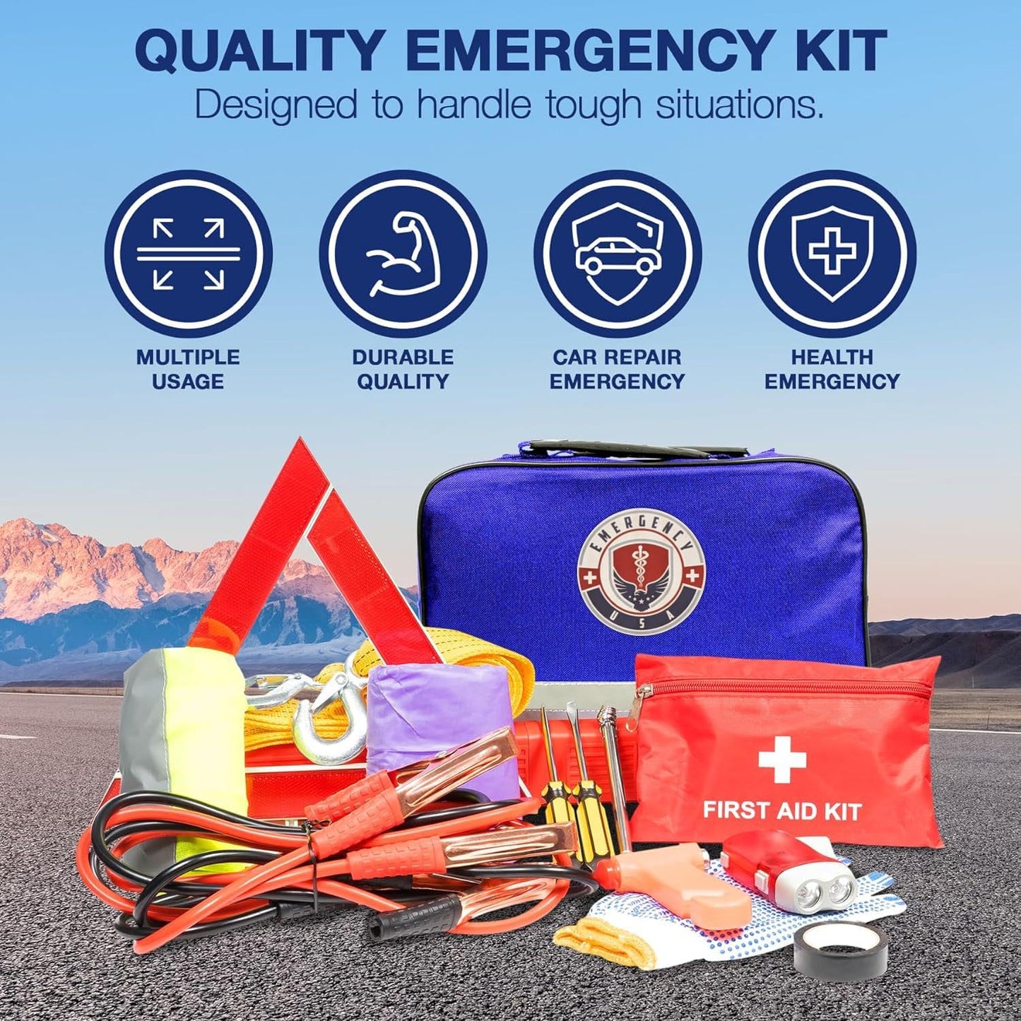 Roadside Car Emergency Kit - First Aid Set, Jumper Cables, Tow Strap, LED Flash Light, Rain Coat, Tire Pressure Gauge, Safety Vest and More (Blue)