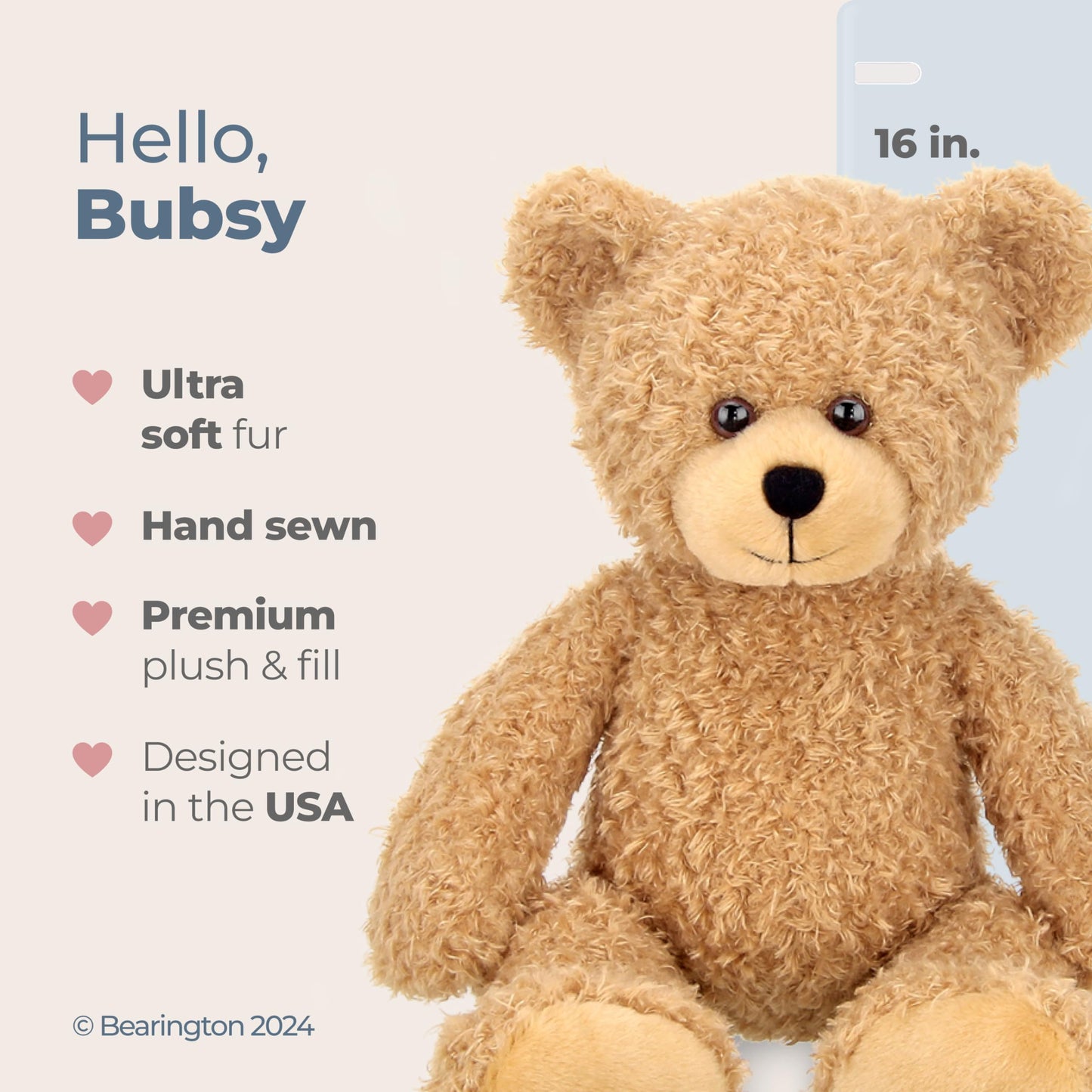 Bearington Bubsy Brown Teddy Bear Plush - 16" Light Brown Teddy Bear Toy with Ultra-Soft Plush Fur and Hand-Sewn Nose - Cuddly Stuffed Bear Gift for Kids, Babies, and Teddy Collectors