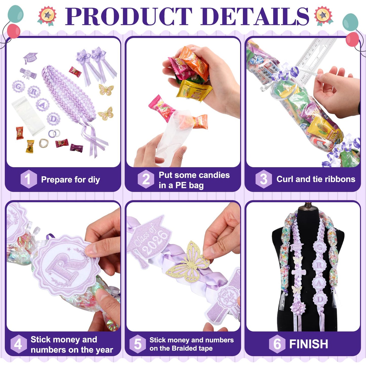 Spakon 19 Pcs Graduation Leis 2026 Graduation Candy Lei Kit Class of 2026 Ribbon Double Lei Necklace Party Accessories(Purple)