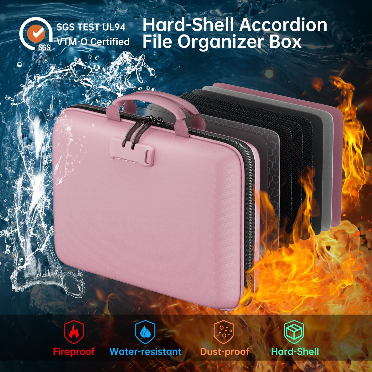 DocSafe Fireproof File Organizer with Lock, Hard-Shell Case Fireproof Document Box with 13 Pocket Accordion File Folder, Portable Home Office Travel Safe Storage for Important Documents Laptop Pink