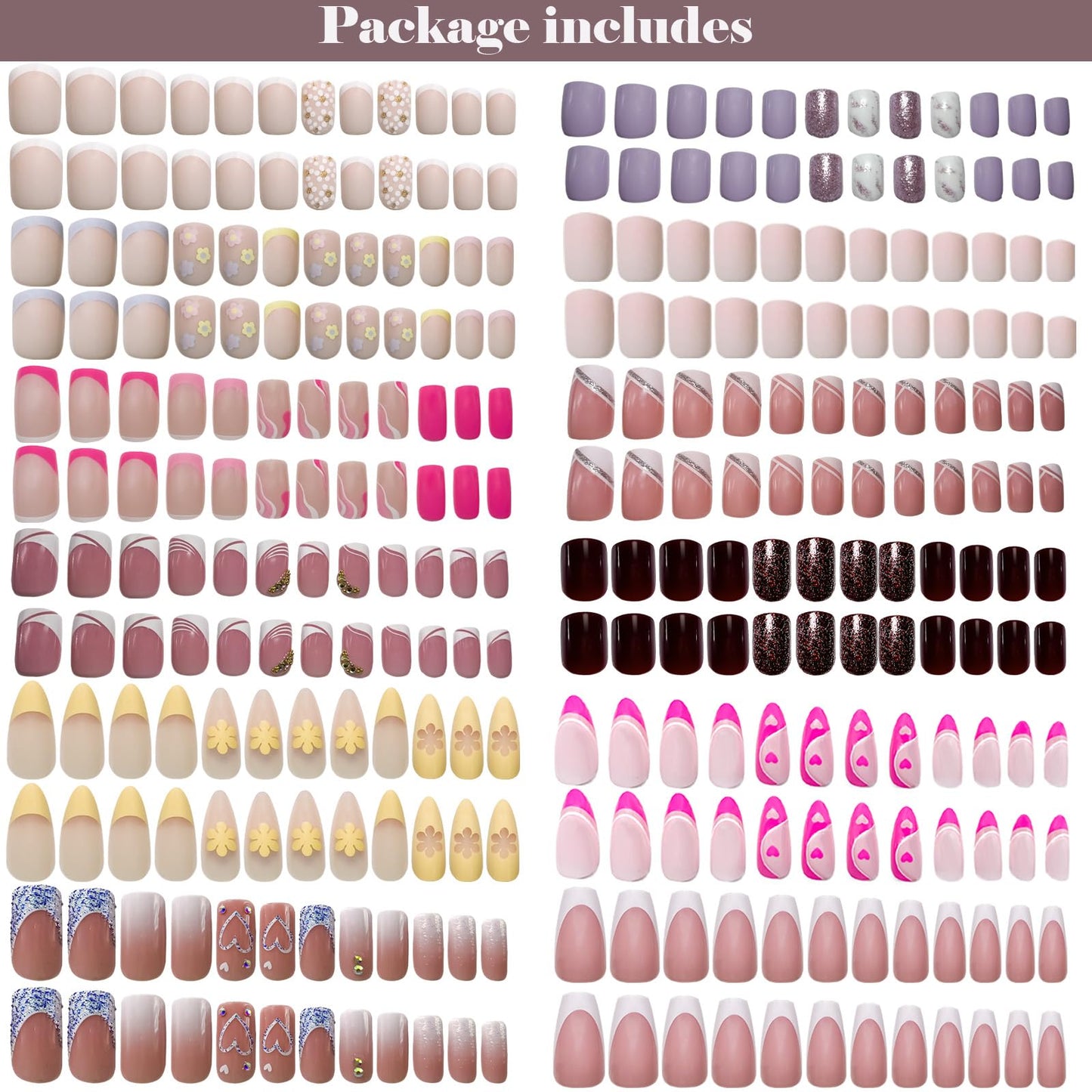 12 Pack 288Pcs Press on Nails Medium And Short - OPkssnails French Tip Press On Nails Square And Almond,Reusable Glue On Nails, Gel Fake Nails for Women