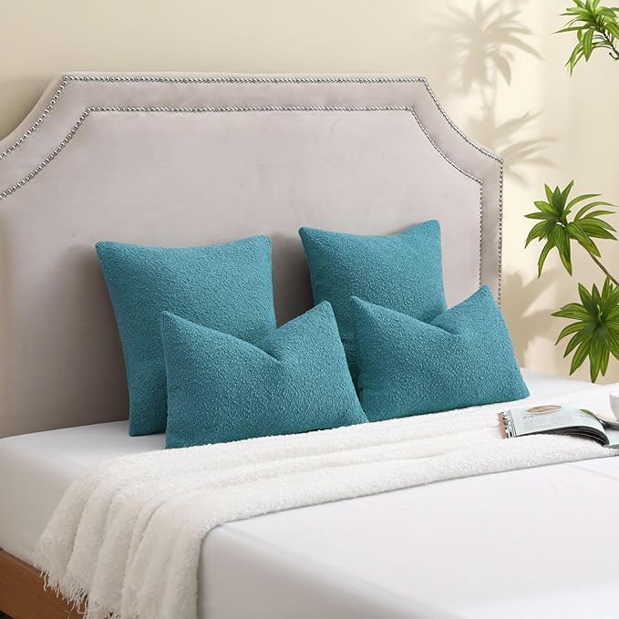 FUTEI Pack of 2 Teal Blue Decorative Throw Pillow Covers 16x16 Inch Soft Cozy Solid Boucle Textured Cushion Case,Modern Home Decor for Couch Bed Living Room
