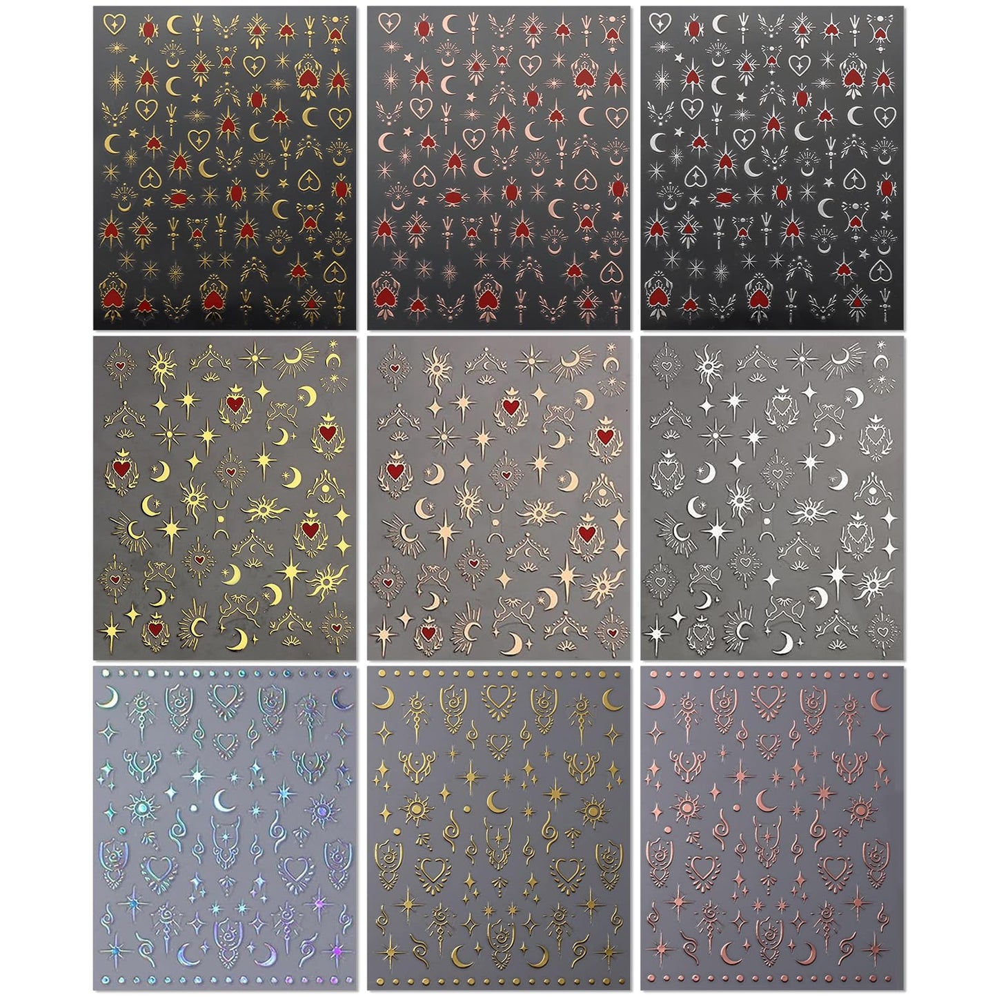 IDDFEVE 9 Sheets Gold Heart Nail Art Stickers - Valentines Day Self-Adhesive 3D Nail Decals for DIY Golden Silvery Manicure