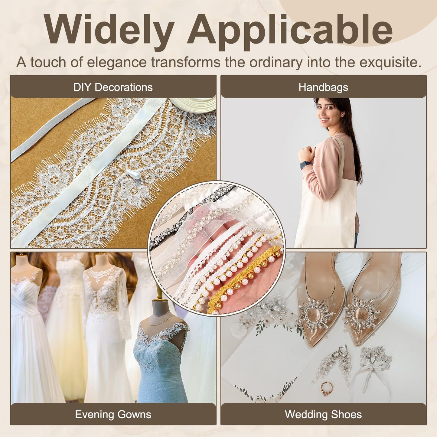 uxcell 2 Yards Pearl Beaded Trim, 1cm Bridal Lace Ribbon Trimming Edge Embellishments for Sewing Wedding Party Dress Fabric DIY Craft, Tone Beads