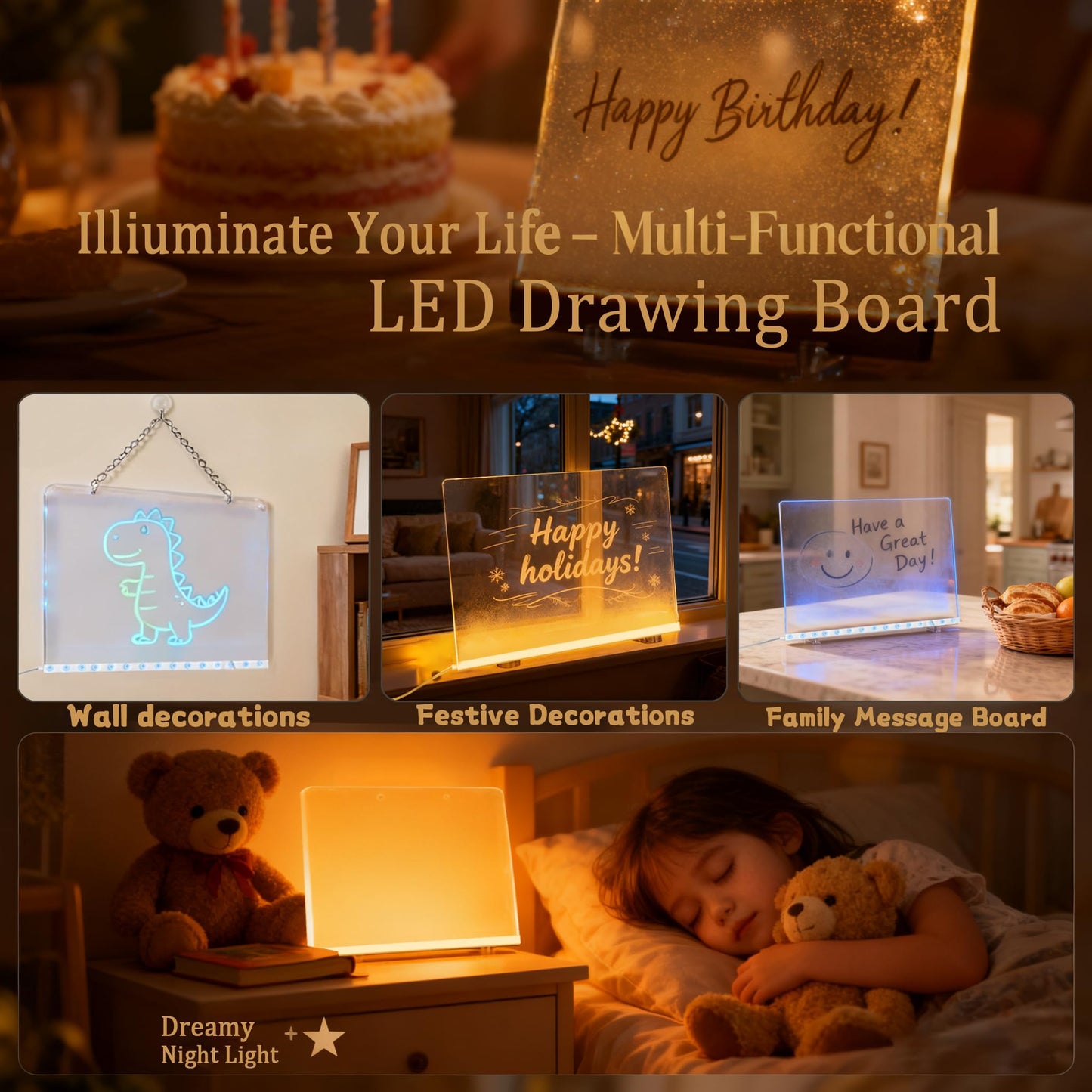 2026 2Pack LED Drawing Board with Colors, Glow Doodle Acrylic Dry Erase Board for Kids Ages 6+, 13.7"x9.75" Plug-in Light Up Note Boards for Boys & Girls Drawing & Creative Play