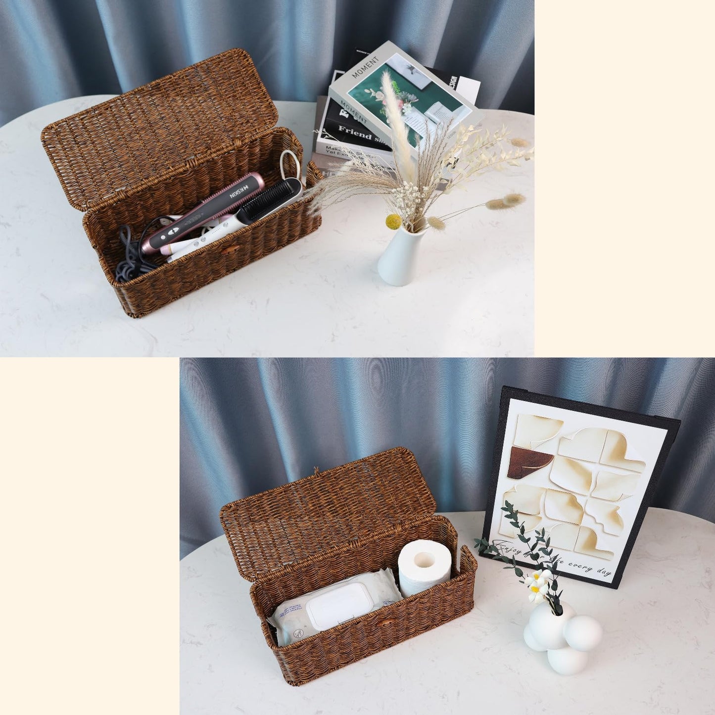BROWNLILY Rattan Wire Storage Box, Handmade Cord Organizer for Desk Cord Hider Outlet Covers Baby Proofing for Power Strip TV PC Router Charger Under Desk Cable Management Box