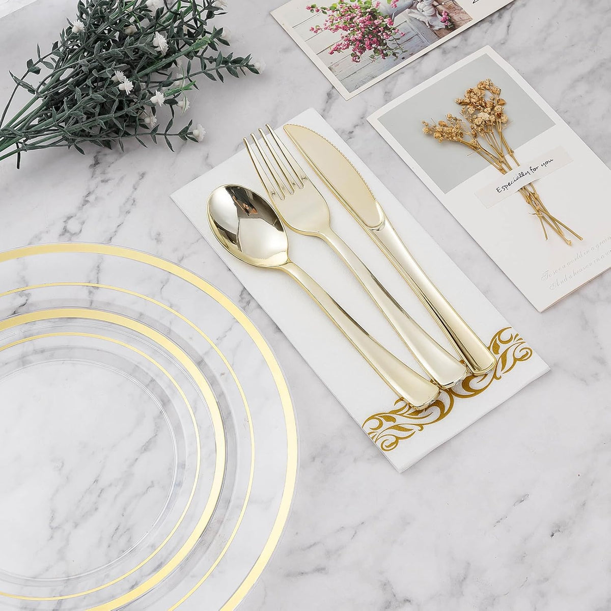 BESTVIP 175PCS Clear Gold Disposable Dinnerware Set for 25 Guests, Plastic Plates for Party, Wedding, Christmas, Halloween, Include: 50Plastic Plates, 25 Gold Silverware, 25 Cups, 25 Napkins