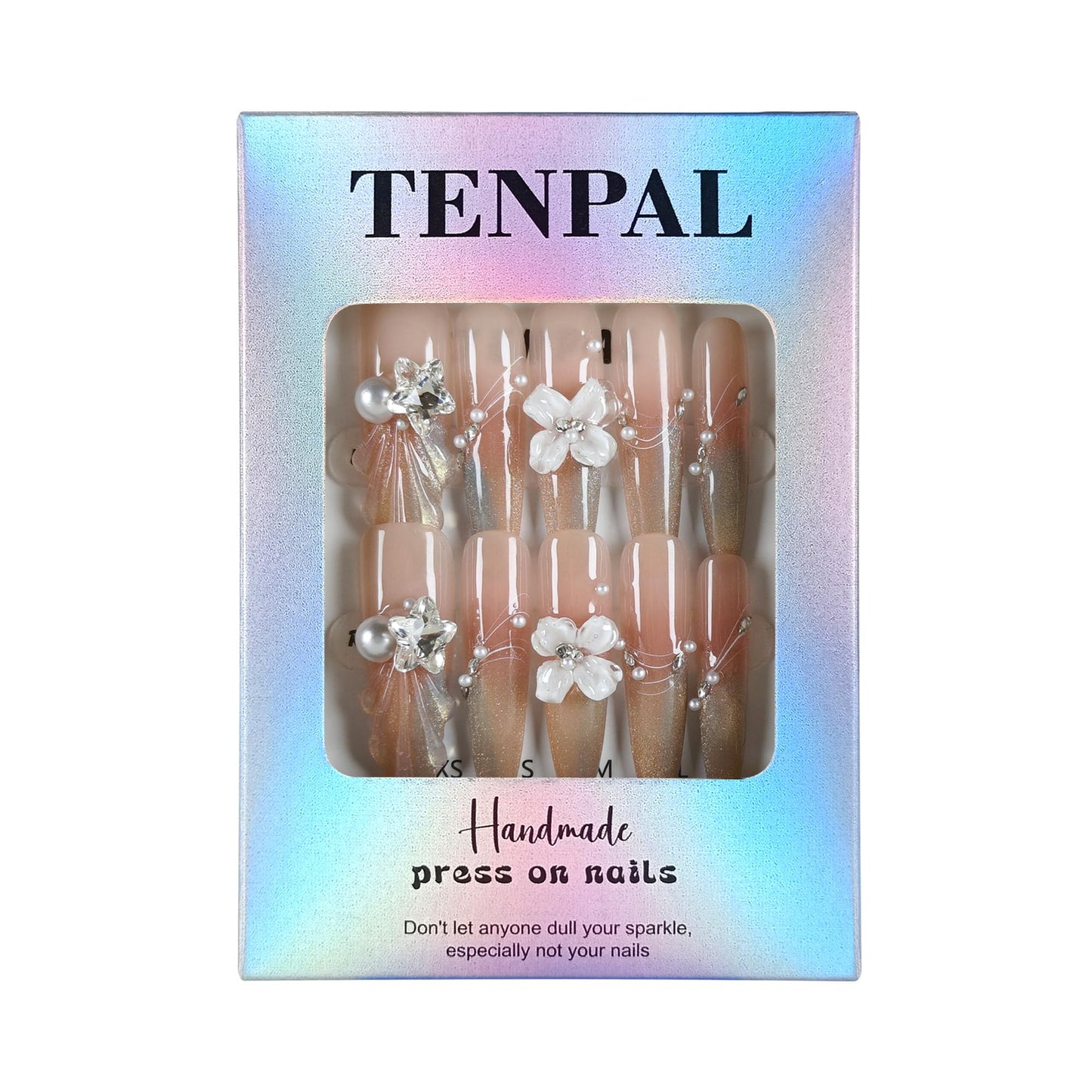 TENPAL Cat Eye French Tips Press on Nails Long Stiletto- Icy Glitter & Pearl Sweet Design, with Hand Carving, Reusable & Glossy False Nails for Effortless Glam(S)