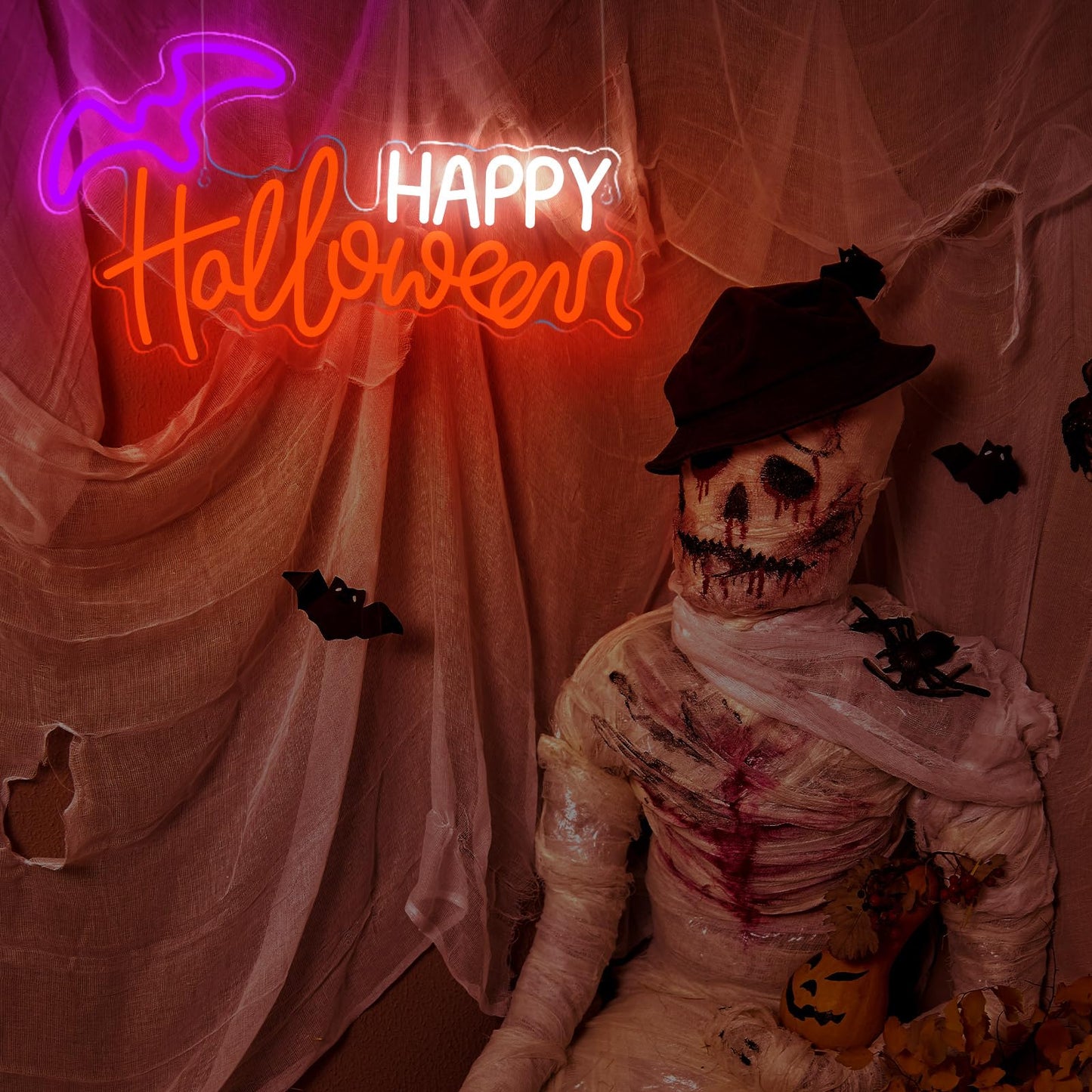 Treela Halloween Neon Sign Happy Halloween Sign Wall Decor LED Neon Window Lights USB Powered Bat Light up Bat for Wall Bedroom Living Room Bar Office Decorations