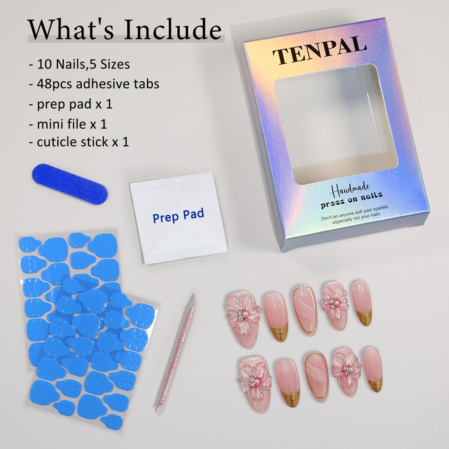 TENPAL Cat Eye Nude Pink Gold French Tips Press on Nails Medium Almond with 10Pcs Kit, Removable Summer Floral Blush Simple Cute Design for Women(XS)