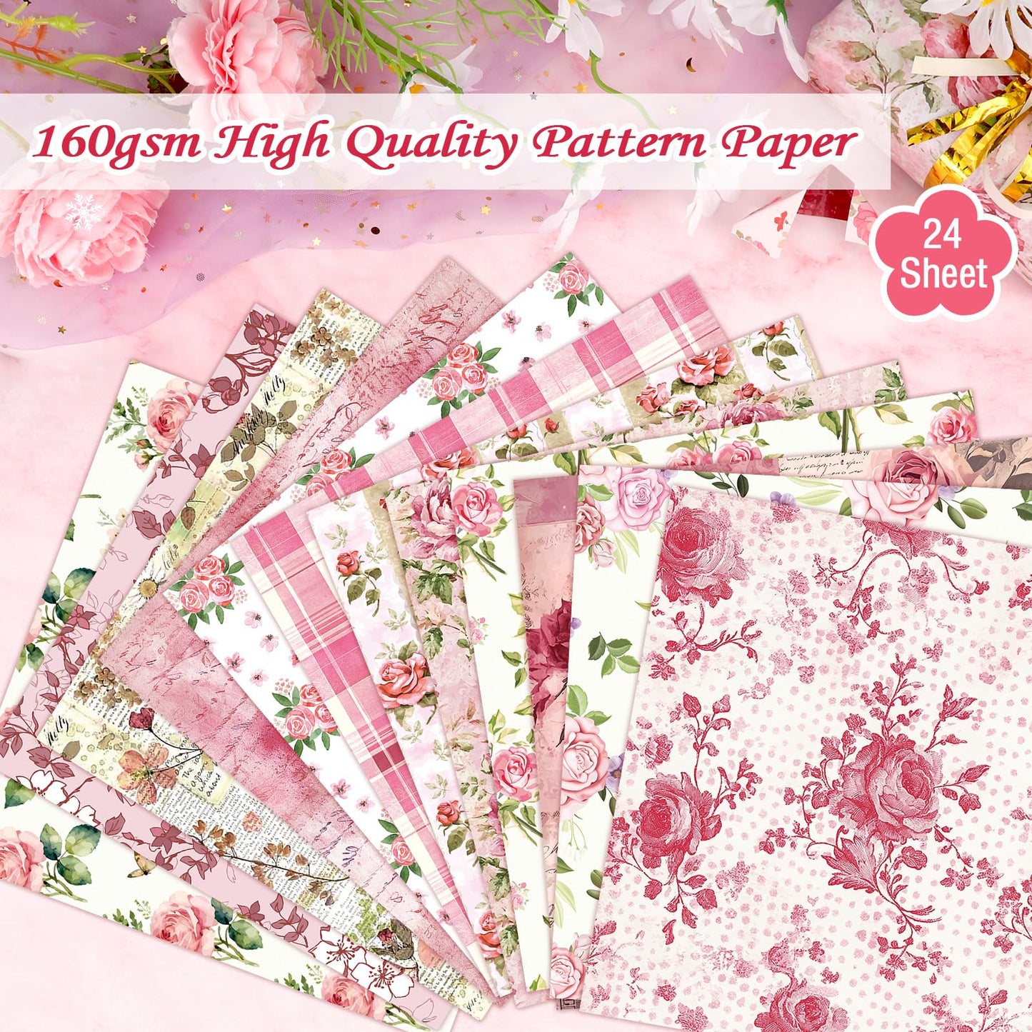Konsait 24 Sheets Pink Flower Scrapbook Paper 12x12, Double Sided Rose Patterned Paper Floral Decorative Cardstock Pad Origami Papers for Card Making Romantic Scrapbook Supplies