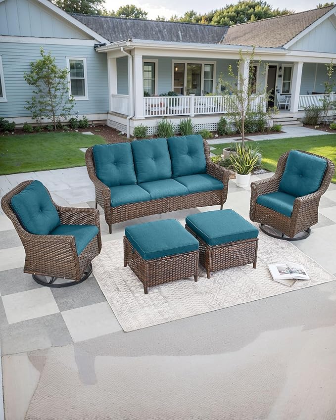 Patio Couch Outdoor Wicker Sofa - Heavy Duty All-Weather Brown Rattan 3-Seater with High Back and Comfortable Thick Cushions for Garden Back Porch Poolside Apartment - Peacock Blue