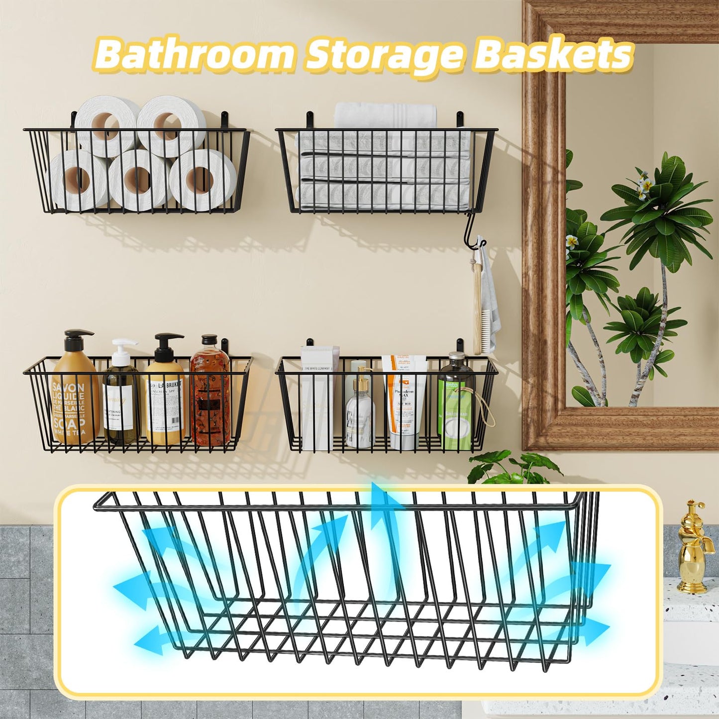 Simple Trending 6 Pack Wire Basket Wall Mount Baskets Hanging Baskets, Cabinets Organizer and Storage with Hooks for Kitchen, Garage and Bathroom
