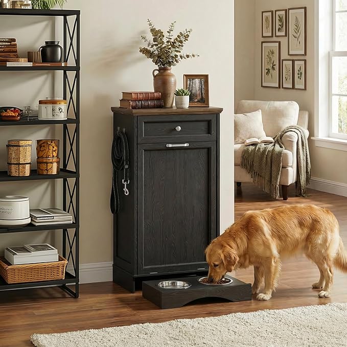 Hométis 21’’W Dog Feeding Station with Storage, Tilt Out Dog Food Cabinet with Drawer, 2 Feeding Bowls, Pet Food Storage, Cat Feeding Station, Dogs Storage Organizer, (Black, Single Door)