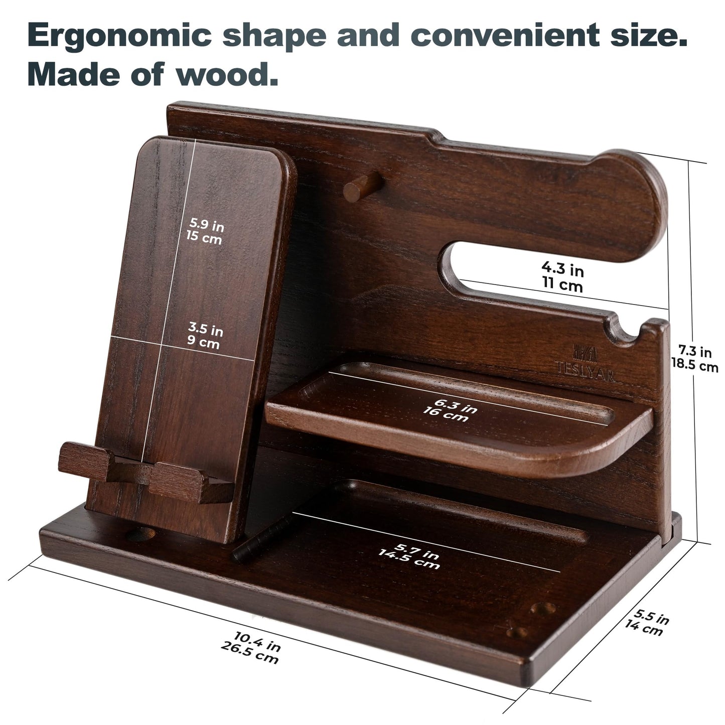 TESLYAR Wood Phone Docking Station for Men - Desk or Nightstand Organizer - Birthday Gifts for Husband, Dad - Anniversary Idea from Wife - Key Holder, Stand Wallet, Watch, Essentials (Chocolate Brown)