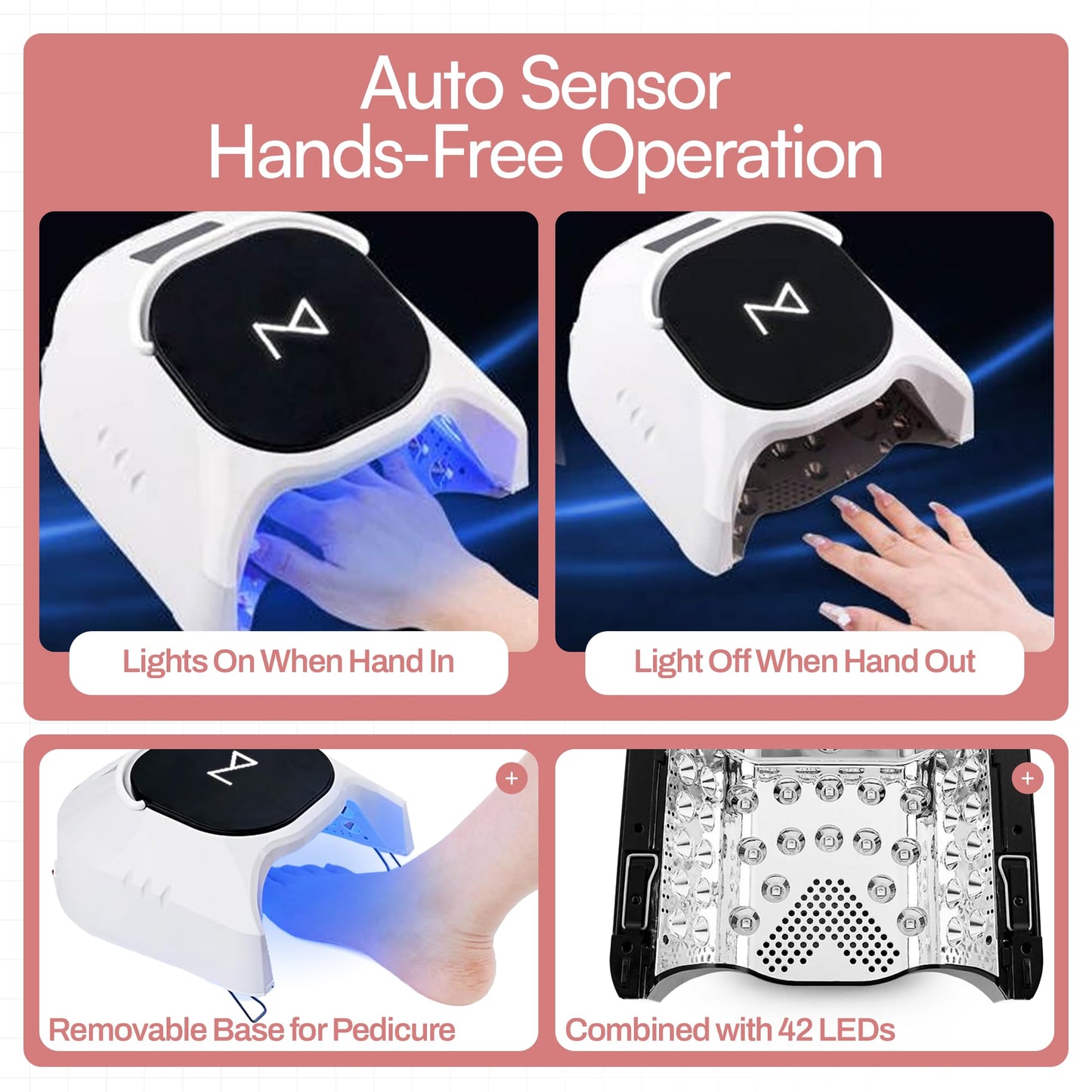M - GlowPro Professional Hybrid 86W Wireless Rechargeable UV LED Nail Curing Lamp Cordless Nail Dryer for Gel Nails, Manicure, Pedicure (Red)