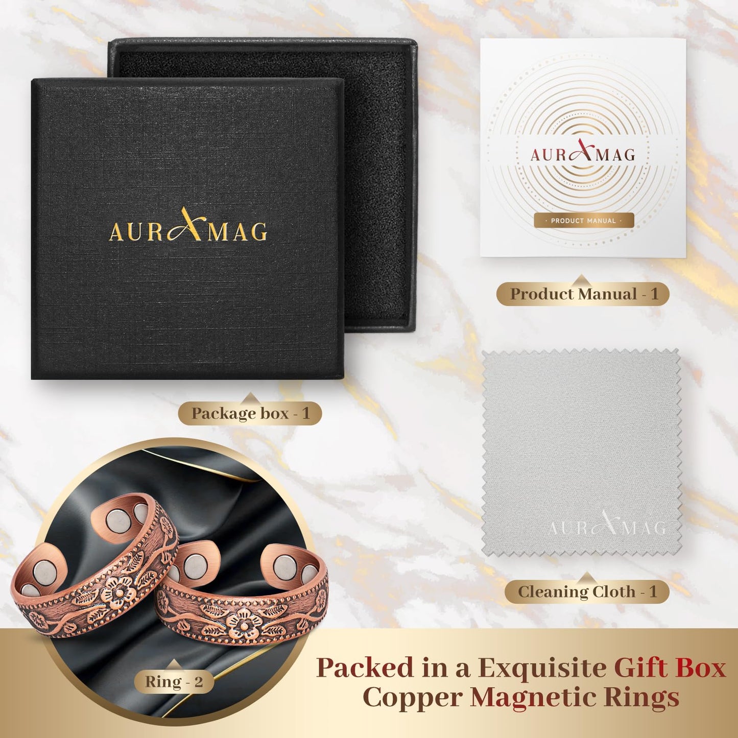 Auramag Copper-Flower Magnetic Rings, 99.99% Pure Copper, 2 Count, One Size, Open Circle, Female, 0 Carats, 3500 Gauss, Lymph Drainage & Blood Circulation, Gift Box & Cloth Included