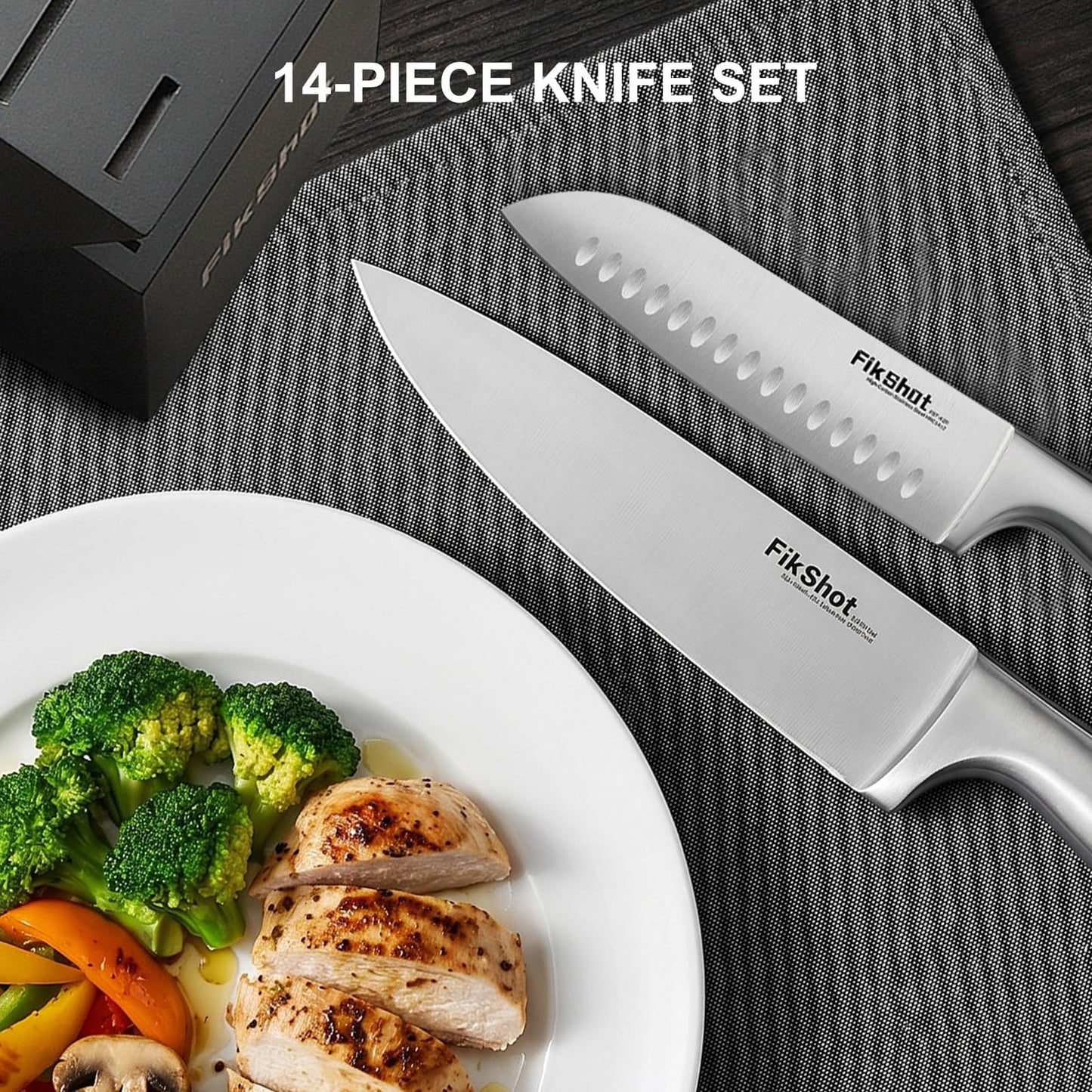 FIKSHOT Kitchen Knife Set, German Stainless Steel kitchen knives – Includes Knife Block Set & Sharpener, High Carbon, Rust-Resistant, Ergonomic Handle for Cooking, Grilling & Gifting