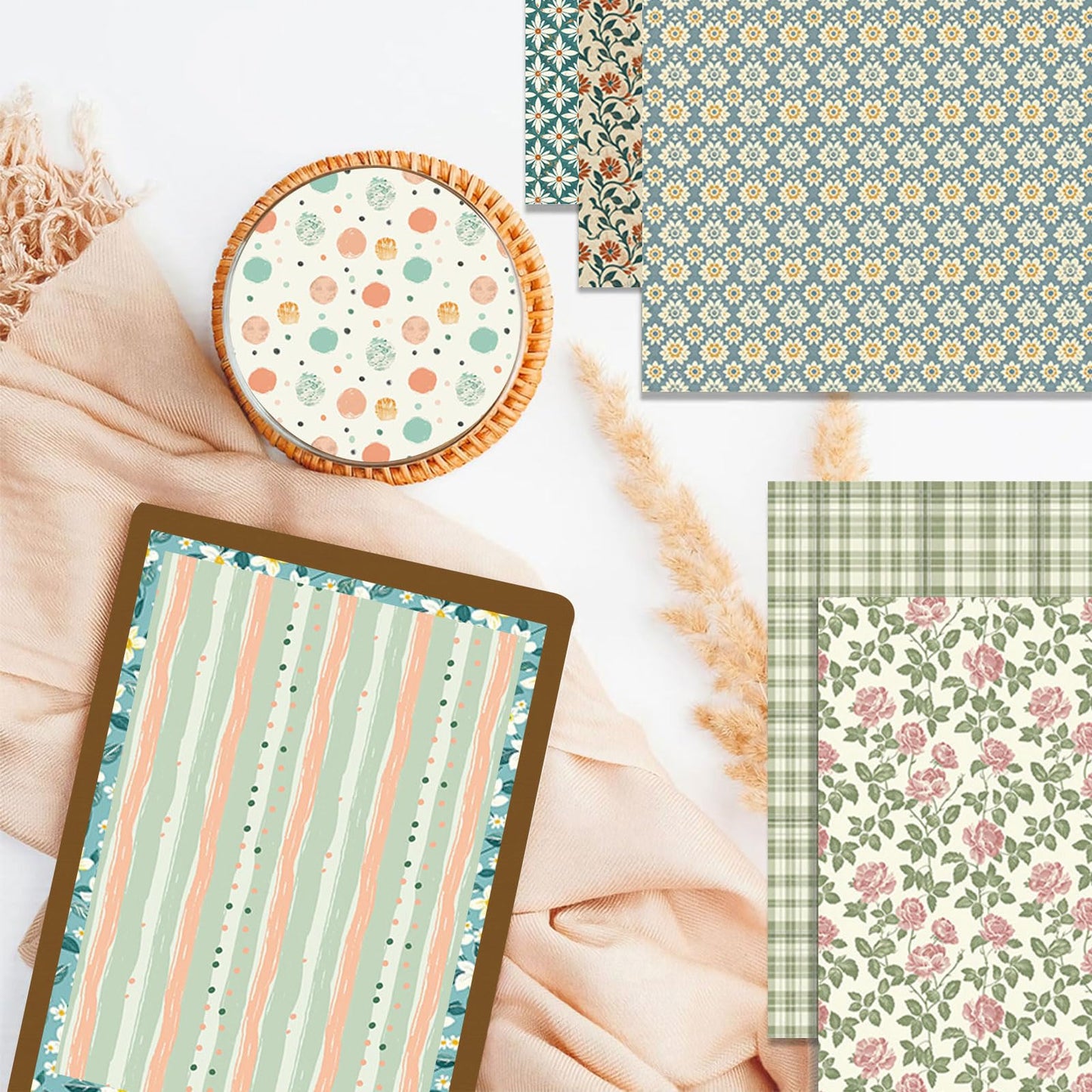 MIATTCLD Scrapbook Paper 12x12 In Double Sided Decorative Paper for Scrapbooking, 24 Sheets/24 Designs Spring Floral Patterned Craft Paper for Junk Journals DIY Cards Album Decoration (Beige)