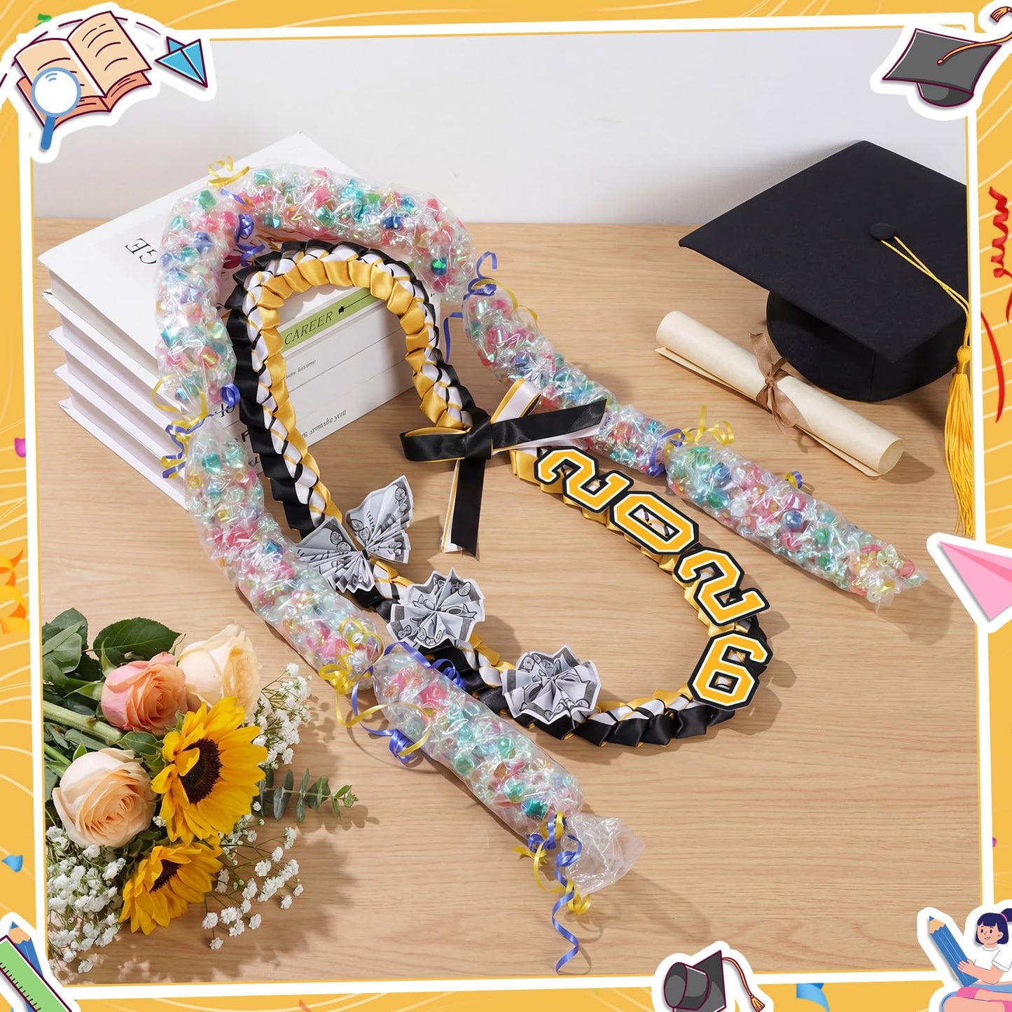 JenPen Graduation Ribbon Lei 2026 Candy Money Lei Kit with Card Double Braided Leis Class of 2026 Grad Gift for Party(Black,White,Gold)