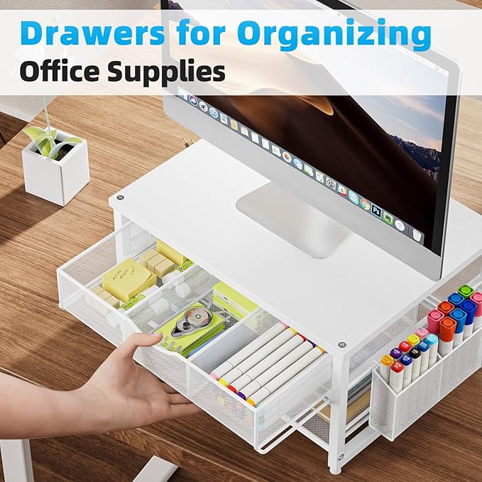 Marbrasse Wood Printer Stand for Desk, 2-Tier Desktop Printer Table for Home Office, Printer Stand with Storage Drawer 2 Pen Holders, Multi-Purpose Desk Organizer for Fax Machine Scanner(Wood White)