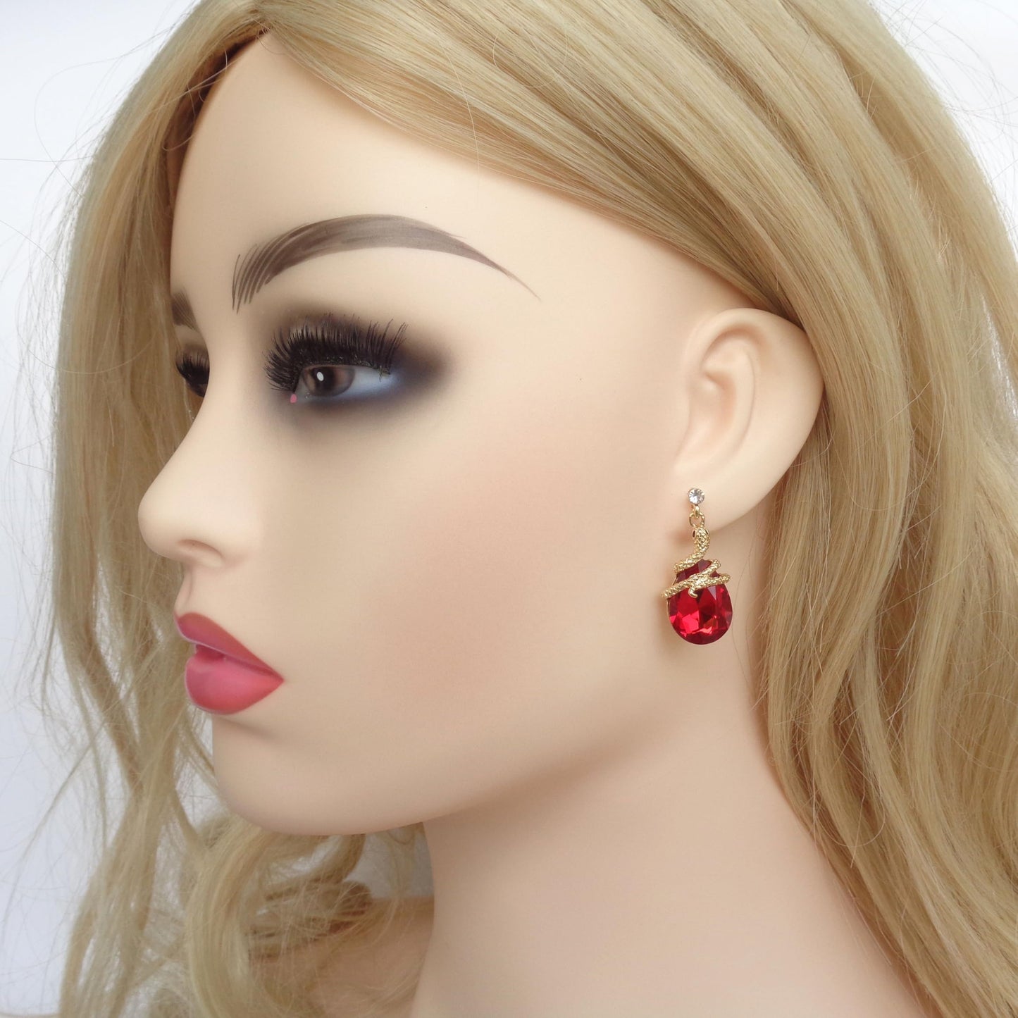 Navachi 18k Gold Plated Crystal Red Zircon Snake Drop Dangle Earrings