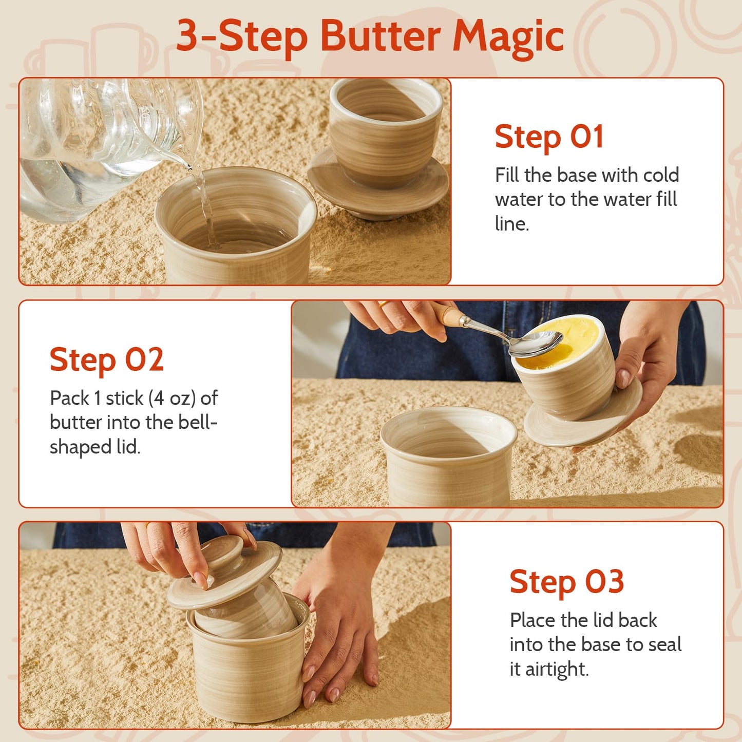 Sweese Hand-Painted Butter Crock with Water – French Butter Keeper Crock with Lid for Countertop, Artistic Design, Dishwasher & Microwave Safe, Gift-Ready-Light Grey