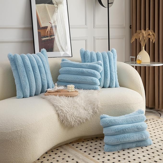 Neelvin Blue Faux Fur Cozy Soft Striped Decorative Throw Pillow Covers 22x22 inch Set of 2,Velvet Pillowcase Cushion Case for Sofa Couch