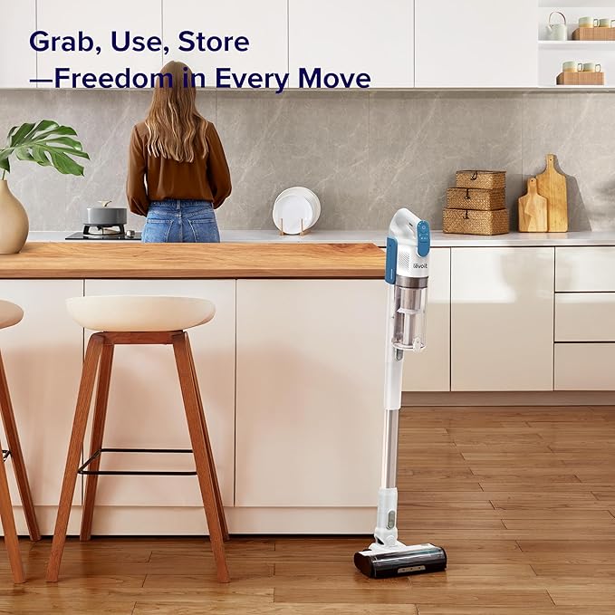 LEVOIT Cordless Vacuum Cleaner, Stick Vac with Tangle-Resistant Design, Up to 50 Minutes, Powerful Suction, Rechargeable, Lightweight, and Versatile for Carpet, Hard Floor, Pet Hair, White๏ผBlue