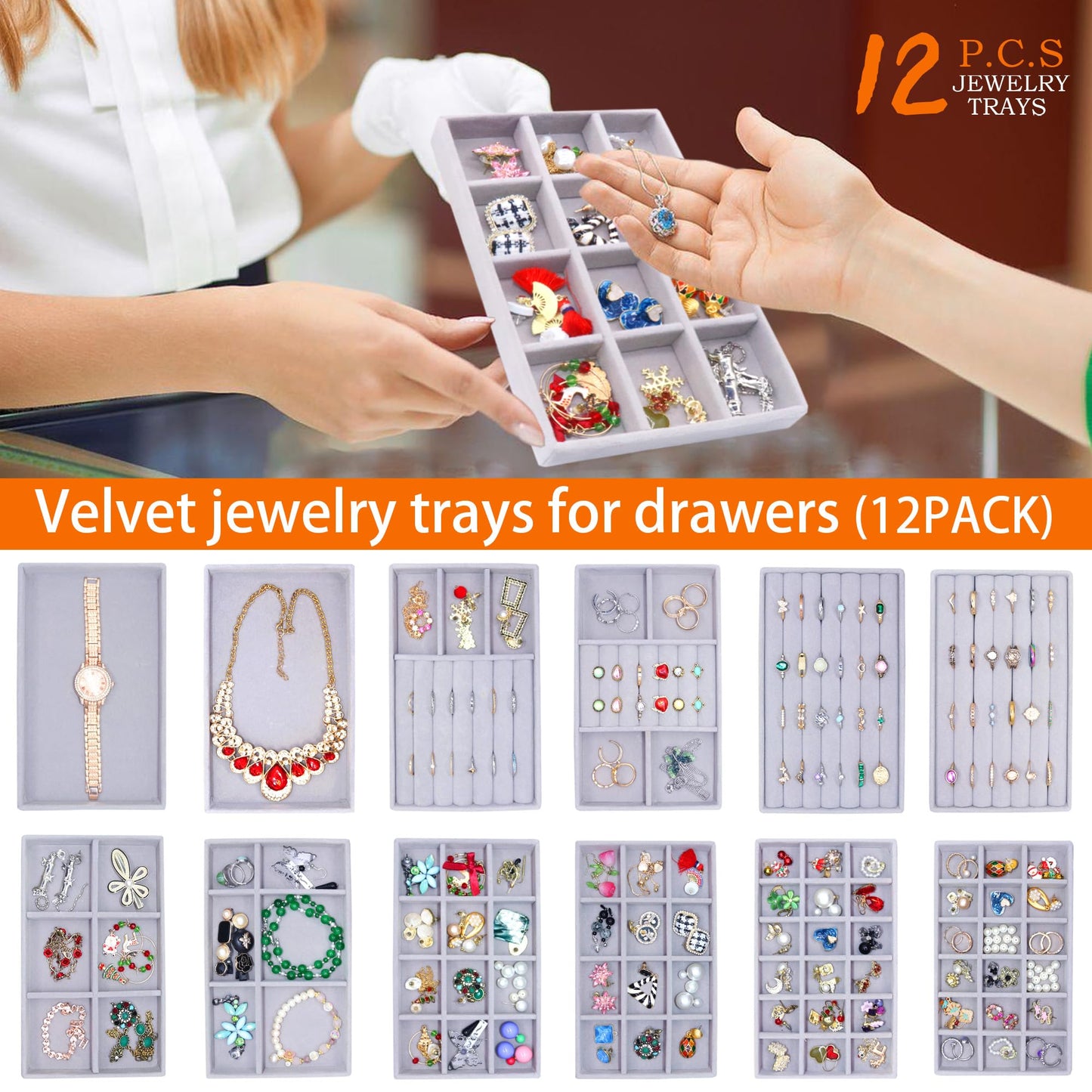MINIBIGBOX 12 Set Jewelry Organizer Trays Stackable Jewelryy Display Case Storage Box for Earring Necklace Rings Bracelet Watch