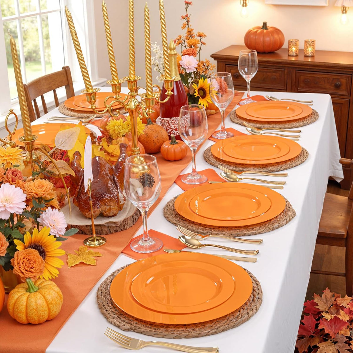 FLOWERCAT 60PCS Orange Plates - Heavy Duty Orange Plastic Plates Disposable for Halloween & Thanksgiving Party - Serve 30 Guests 10.25inch and 7.5inch