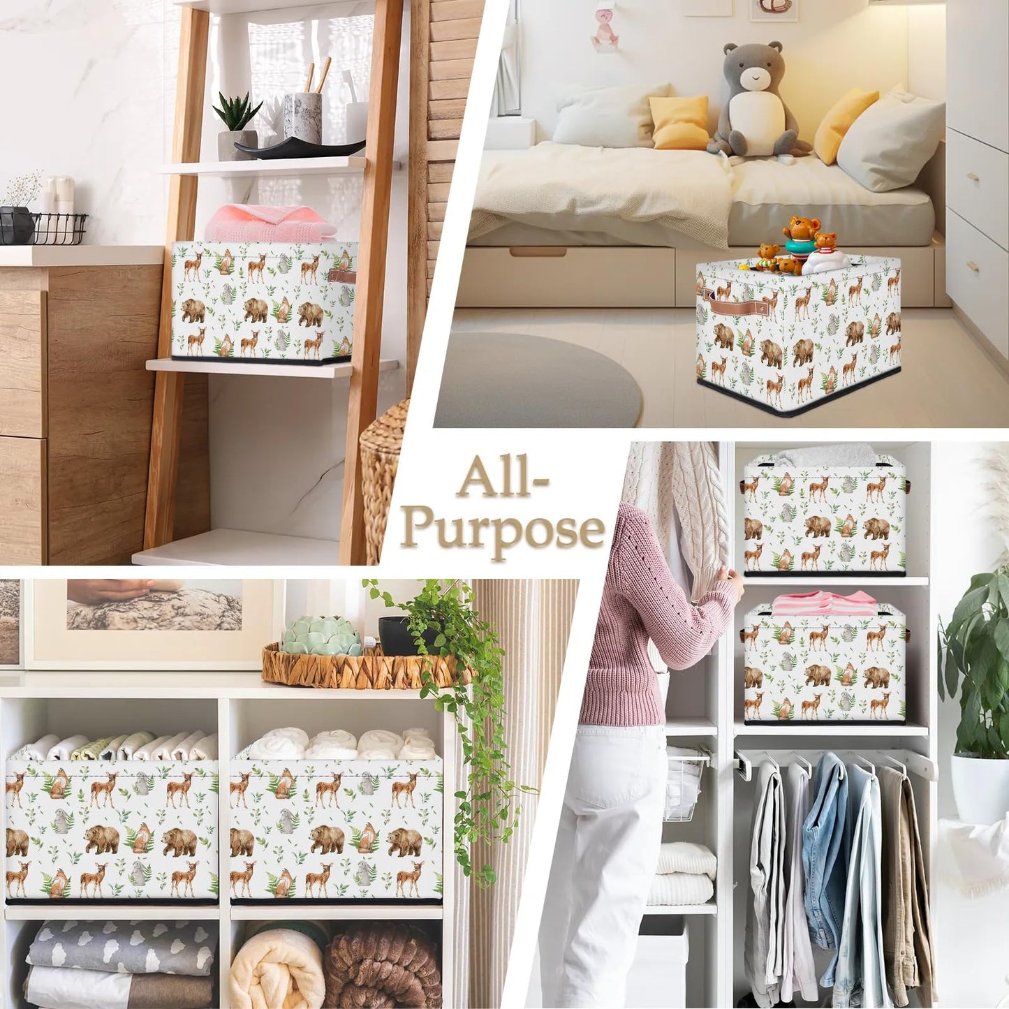 Rectangular Kids Bear Storage Basket Bins - Waterproof Foldable Woodland Animals Storage Box with Sturdy Metal Frame and Handles, Collapsible Organizer for Toys, Blankets in Kids Room Playroom Nursery